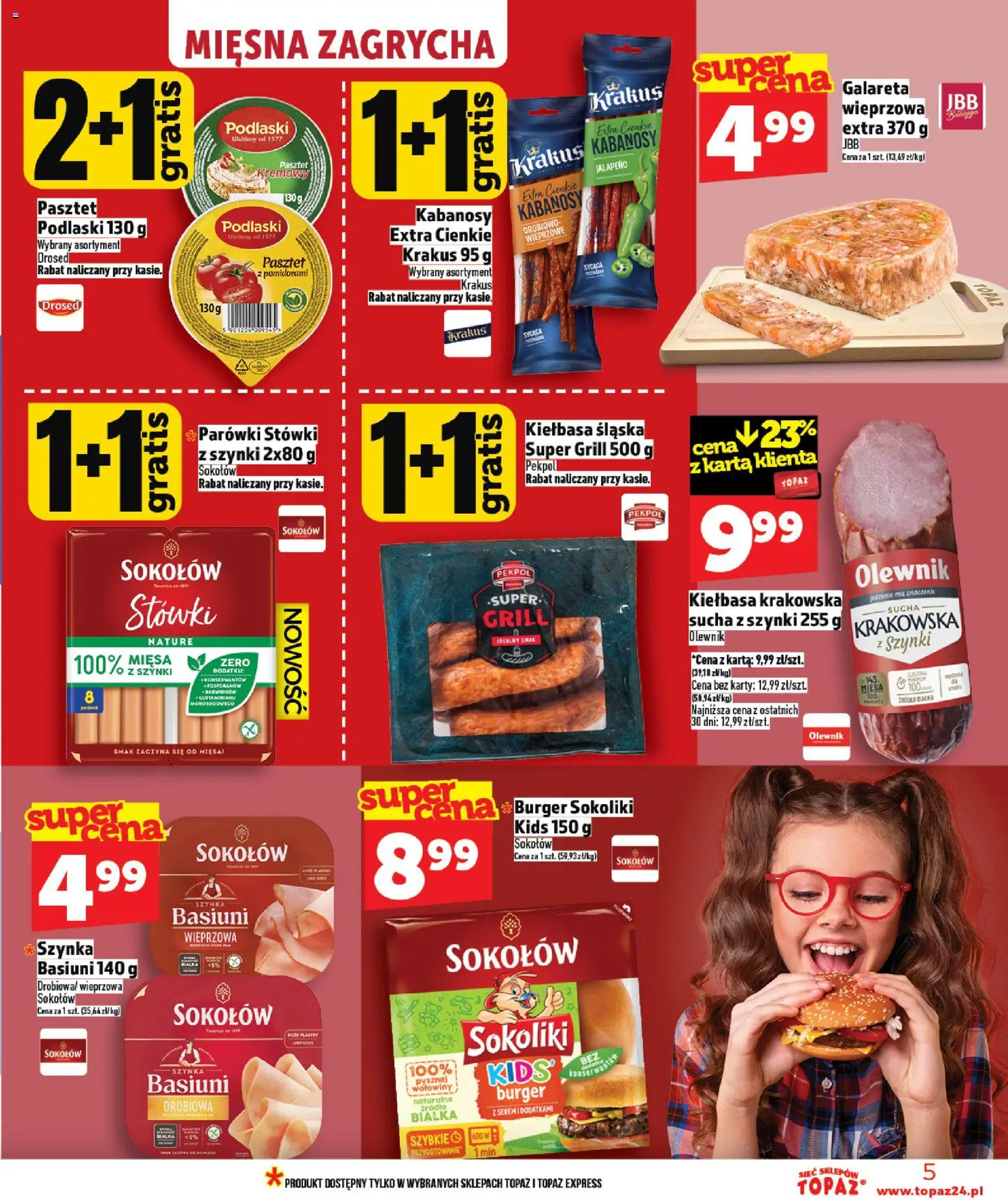 Topaz gazetka od 12.03.2026 | Strona: 5 | Produkty: Karta, Szynka wieprzowa, Kiełbasa krakowska, Kiełbasa śląska