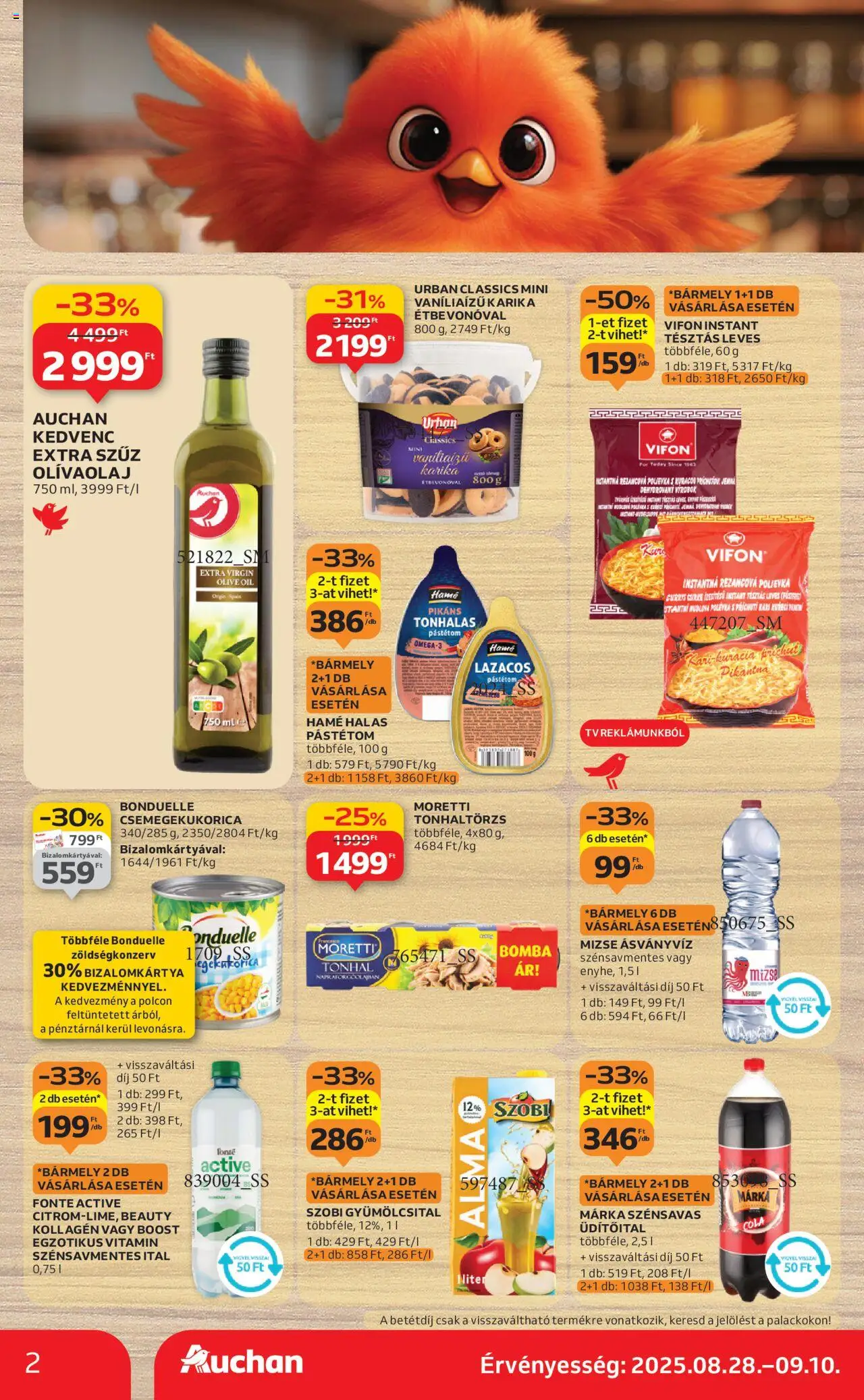 Auchan akciós ujság - amely érvényes a következő dátumtól: 28.08.2025 | Oldal: 2 | Termékek: Csemegekukorica, Gyümölcsital, Ásványvíz, Pástétom