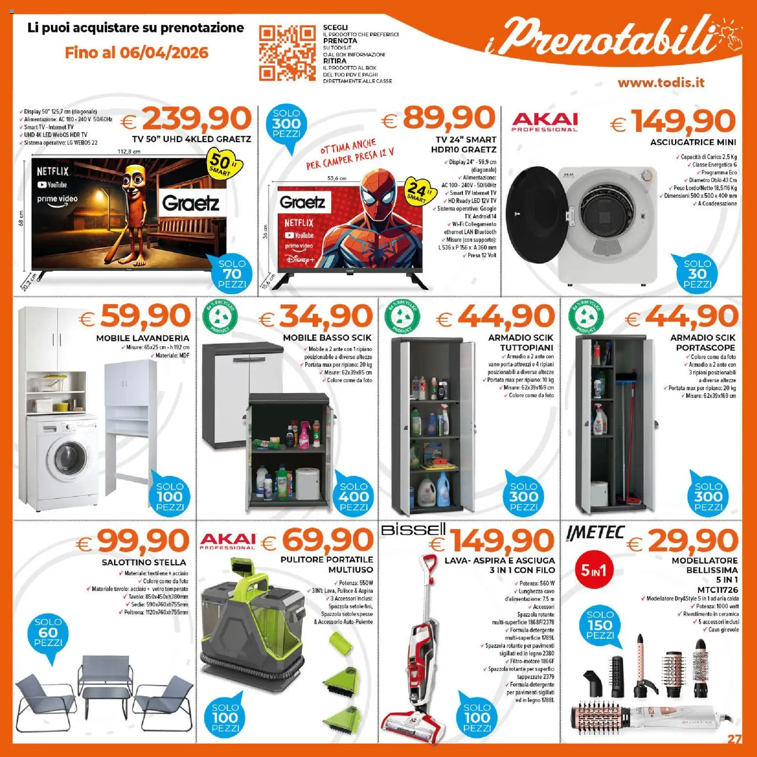 Volantino Todis del 26.03.2026 | Pagina: 27 | Prodotti: Mobile, Detergente, smart TV, Asciugatrice