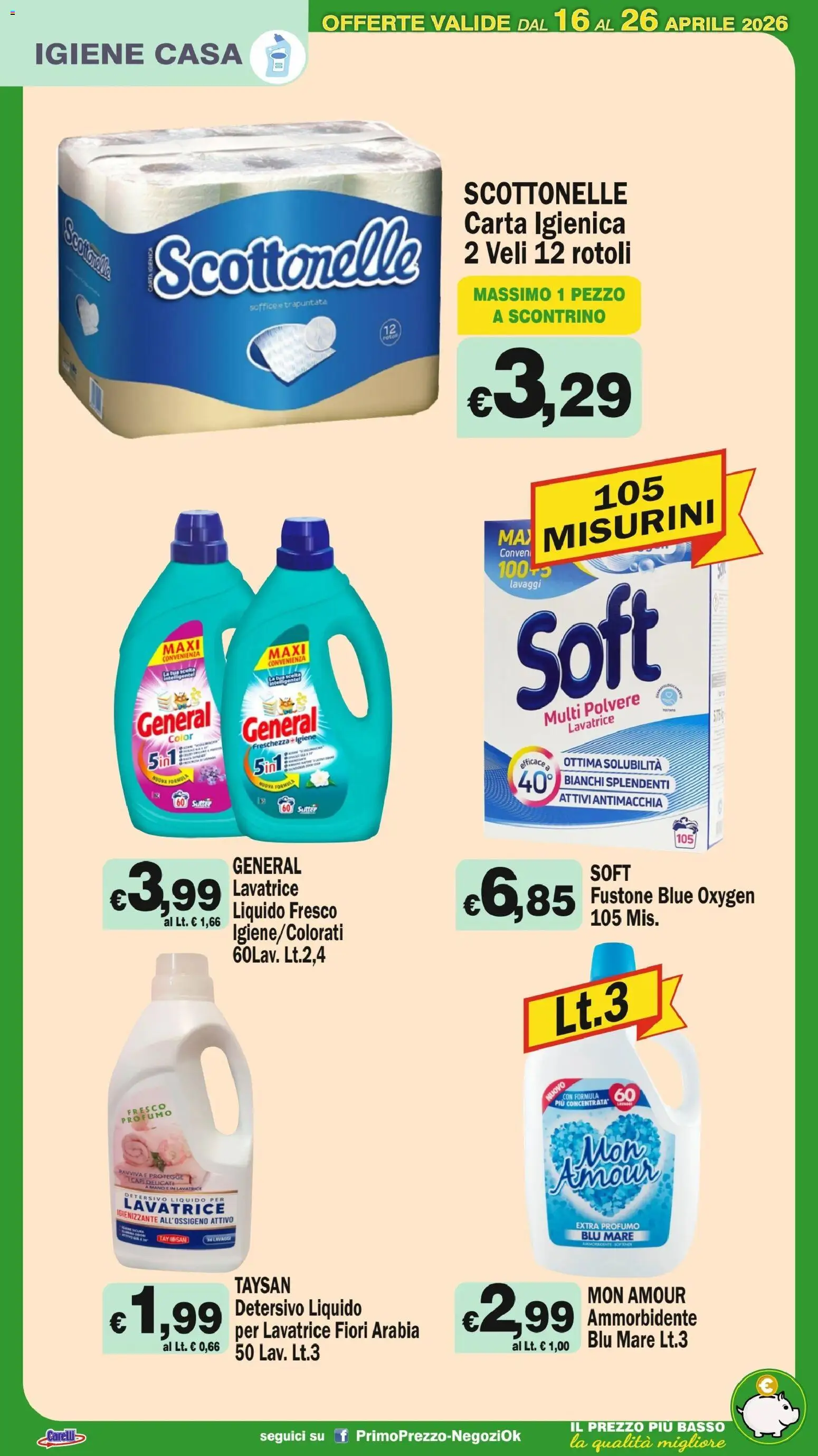Volantino Primo Prezzo del 16.04.2026 | Pagina: 20 | Prodotti: Carta igienica, Ammorbidente, Lavatrice, Profumo