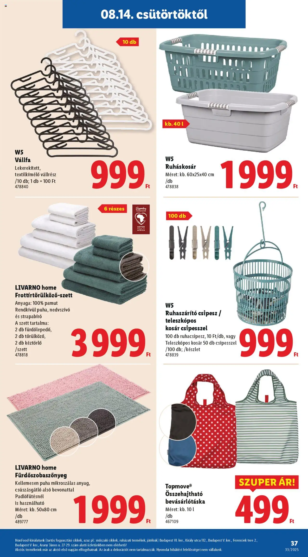 Lidl akciós ujság - amely érvényes a következő dátumtól: 14.08.2025 | Oldal: 37 | Termékek: Vállfa, Kosár, Fürdőszobaszőnyeg, Ruhaszárító