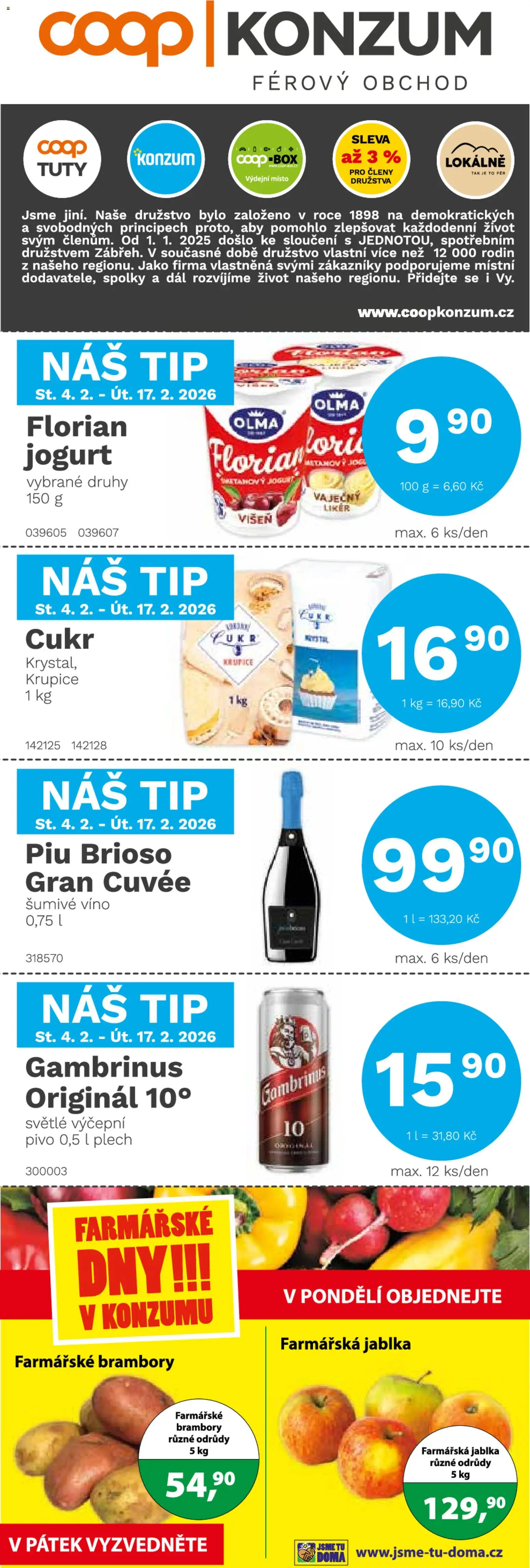 Konzum leták od 04.02.2026 | Strana: 1 | Produkty: Pivo, Krupice, Plech, Brambory