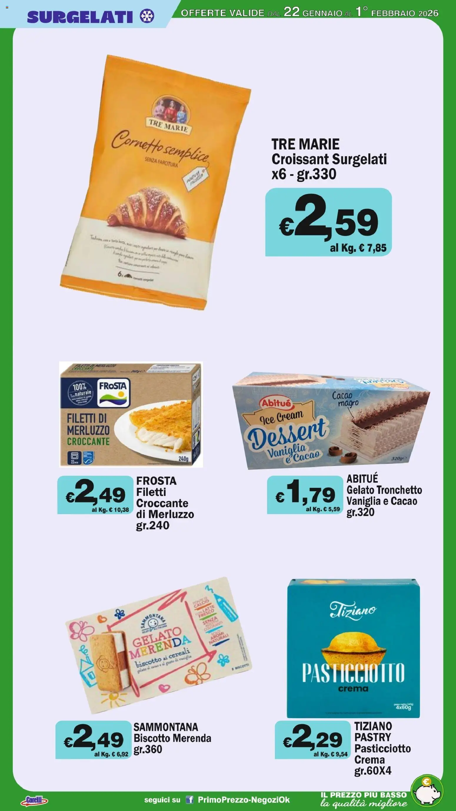 Volantino Primo Prezzo del 22.01.2026 | Pagina: 34 | Prodotti: Crema, Merluzzo, Gelato, Cacao