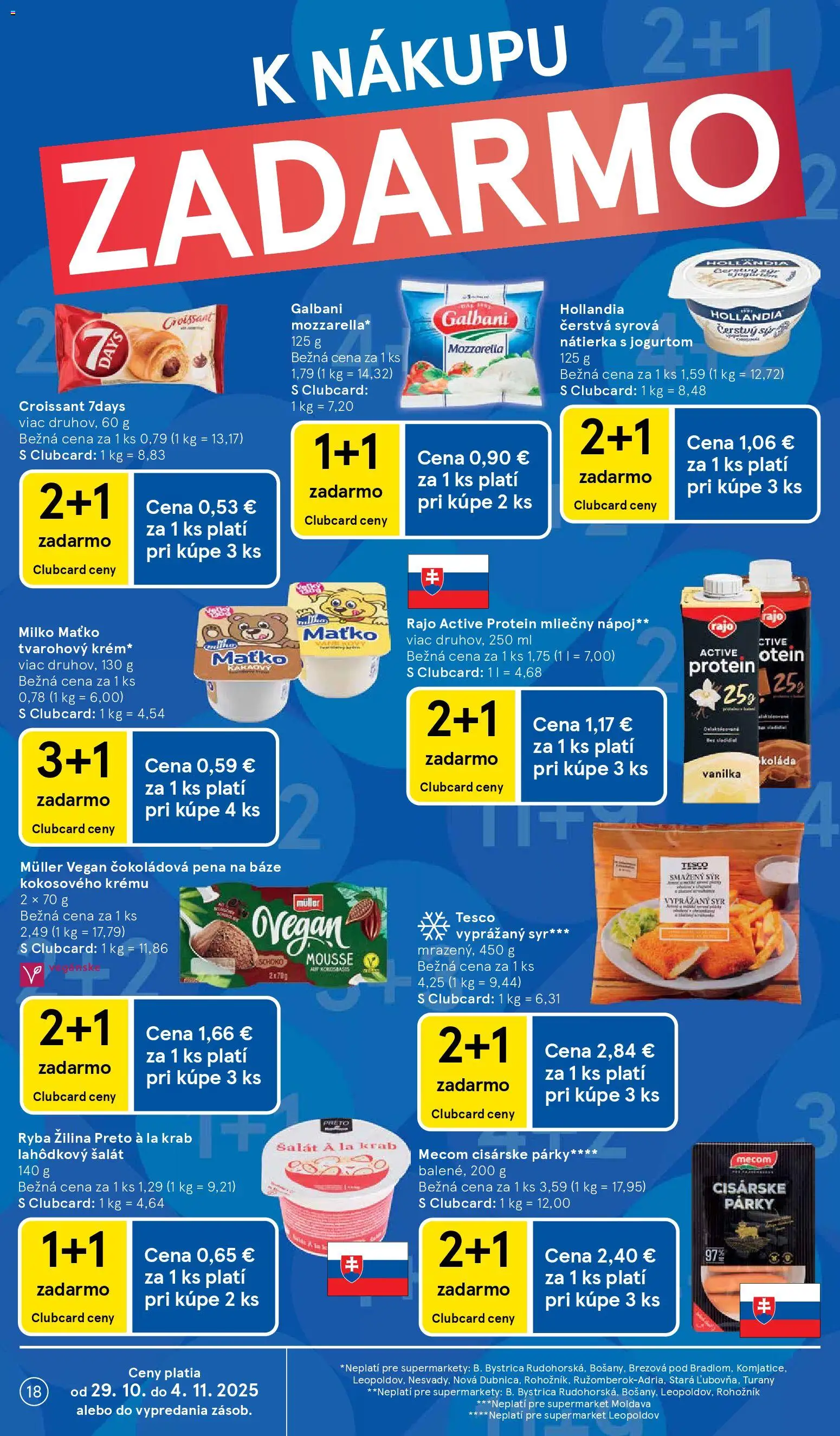Nové Tesco akcie – leták je platný od 29.10.2025 | Strana: 18 | Produkty: Syr, Croissant, Mozzarella, Ryba