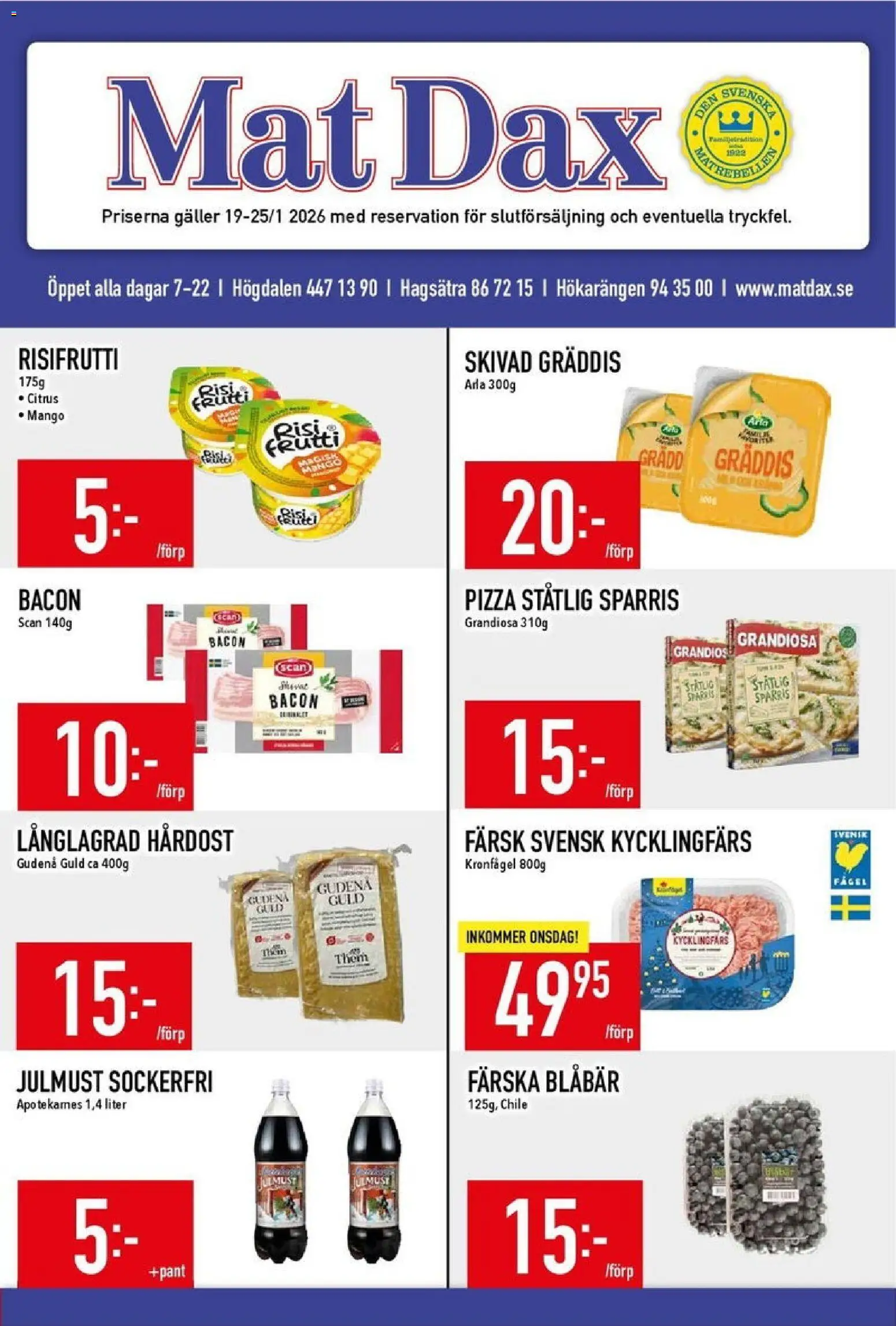 Matdax reklamblad aktuell från 19.01.2026 | Sida: 1 | Produkter: Bacon, Risifrutti, Pizza, Mango
