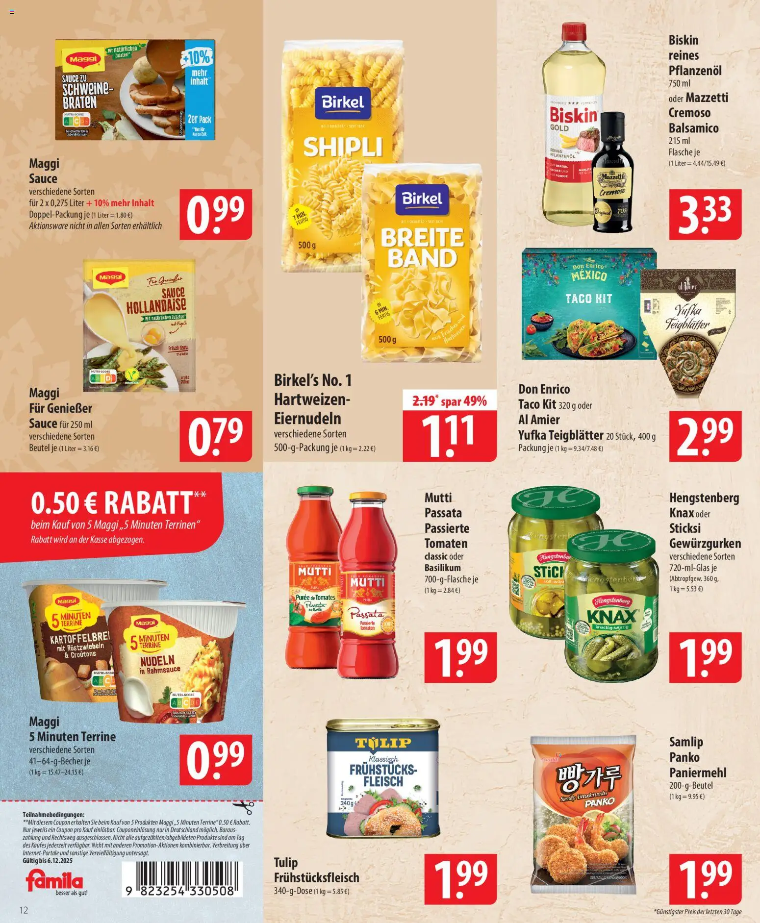 Famila Prospekt 	 – gültig ab 01.12.2025 | Seite: 12 | Produkte: Balsamico, Tomaten, Nudeln, Fleisch