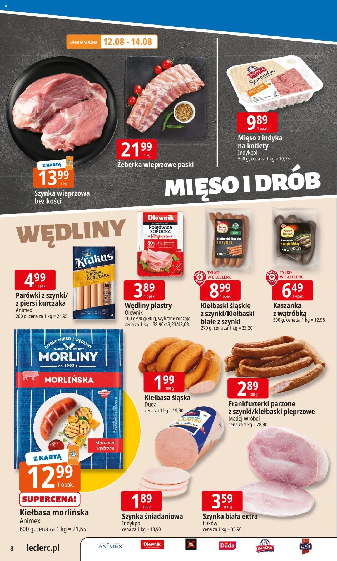 E.Leclerc Gazetka od 11.08.2025 | Strona: 8 | Produkty: Karta, Piersi, Mięso, Frankfurterki