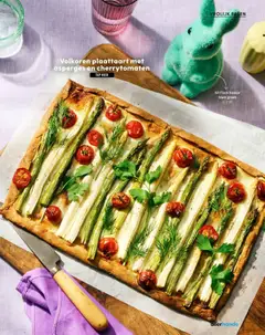 Volkoren plaattaart met asperges en cherrytomaten, Whole wheat flatbread with asparagus and cherry tomatoes. - Voorbeeld van een folder van Albert Heijn, geldig van 20.03.2026 | Pagina: 71 | Producten: Asperges