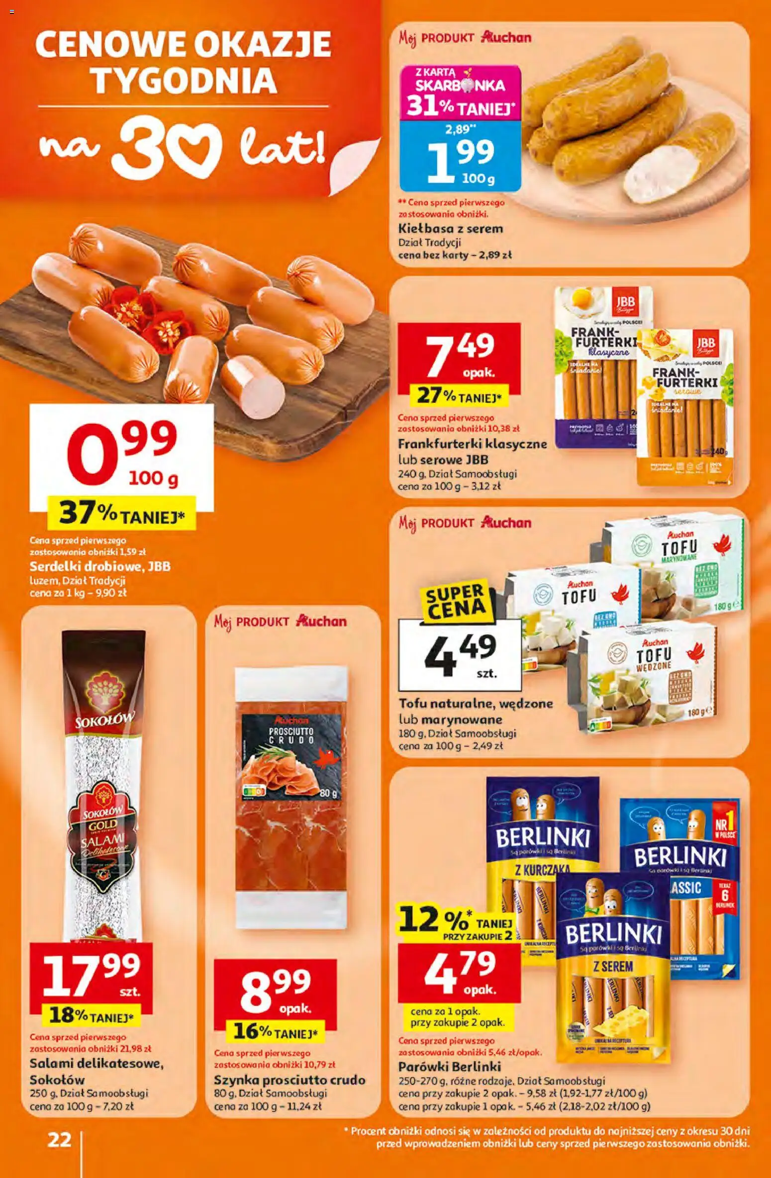 Auchan gazetka - 30 Lat Hipermarket od 16.04.2026 | Strona: 22 | Produkty: Kiełbasa, Parówki berlinki, Parówki, Por