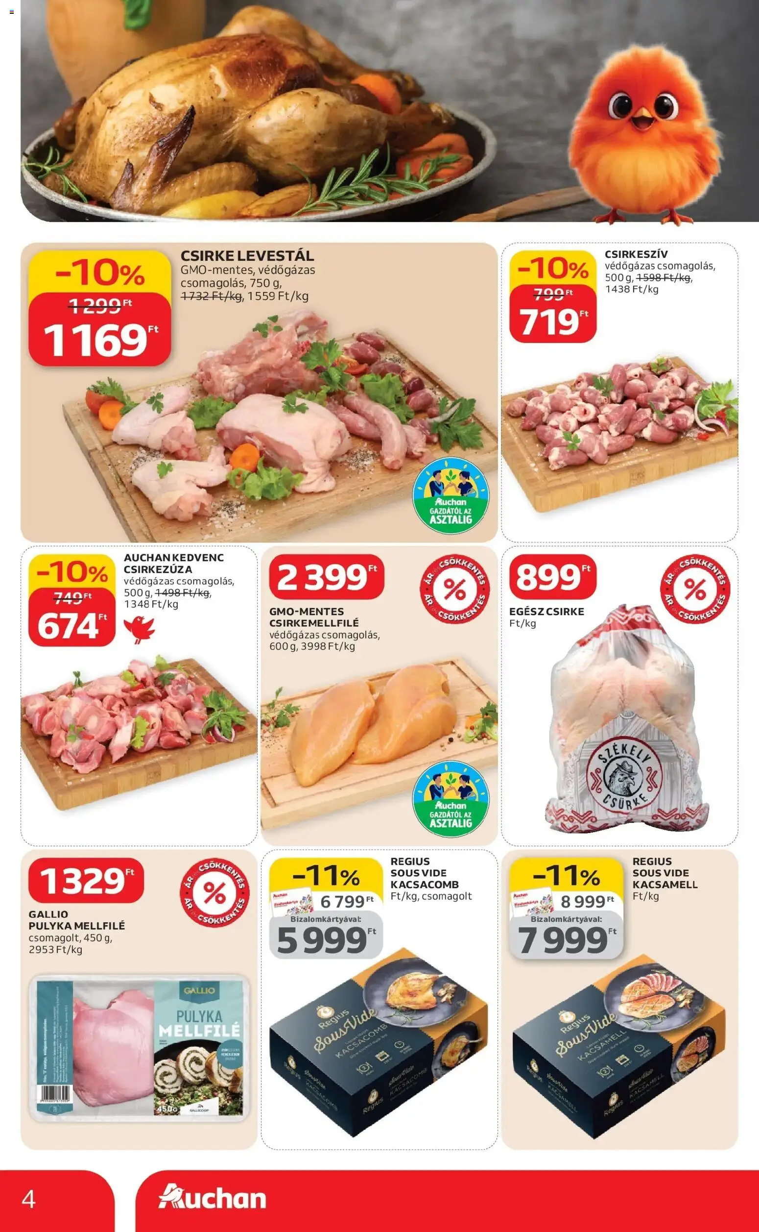 Auchan akciós ujság - amely érvényes a következő dátumtól: 12.03.2026 | Oldal: 4 | Termékek: Kacsacomb, Kacsamell, Egész csirke