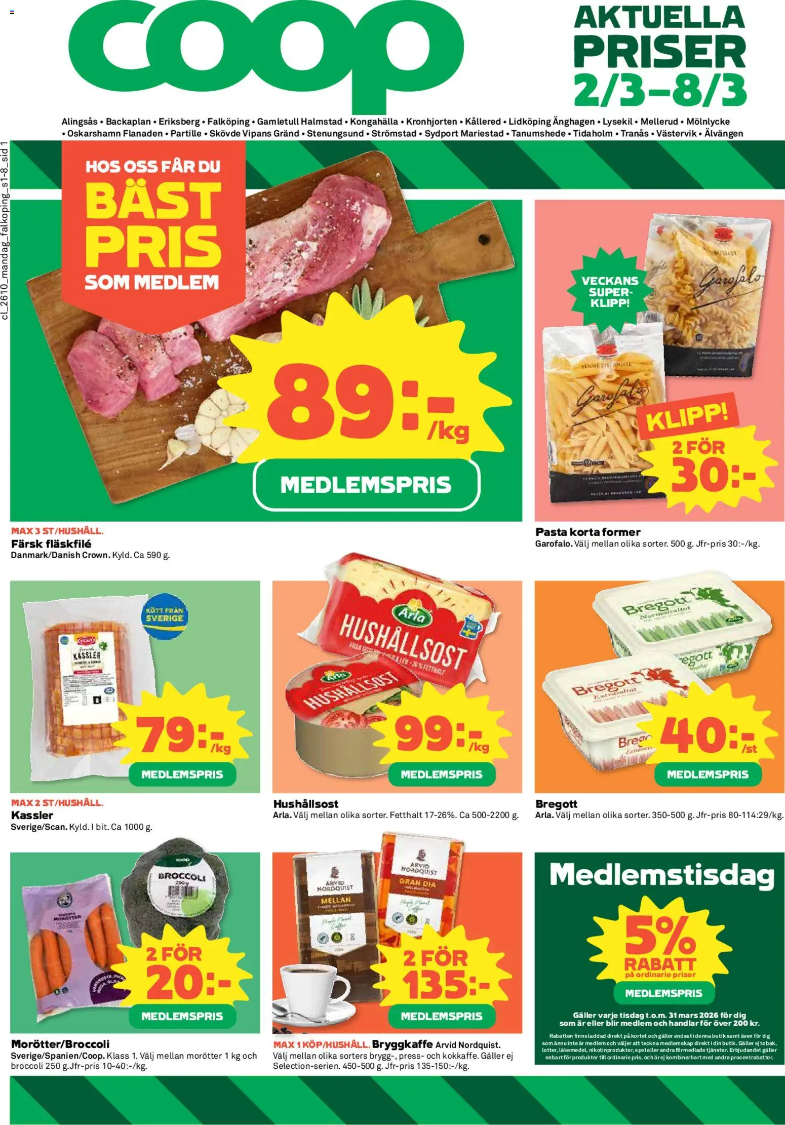Coop reklamblad aktuell från 02.03.2026 | Sida: 1 | Produkter: Kassler, Hushållsost, Bregott, Broccoli