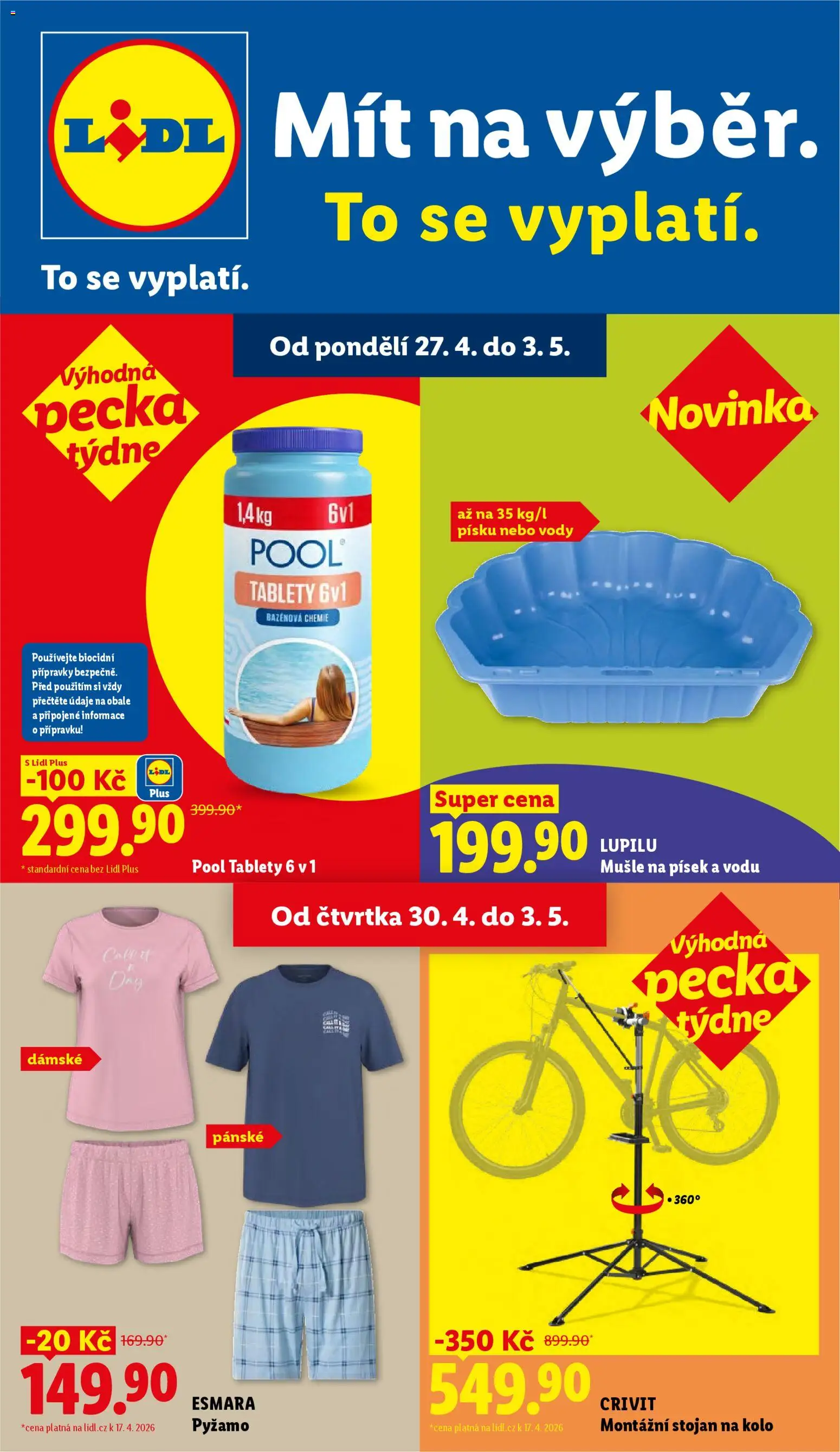 Lidl leták - Spotřební zboží od 30.04.2026 | Strana: 1 | Produkty: Bazénová chemie, Pyžamo, Kolo, Stojan na kolo