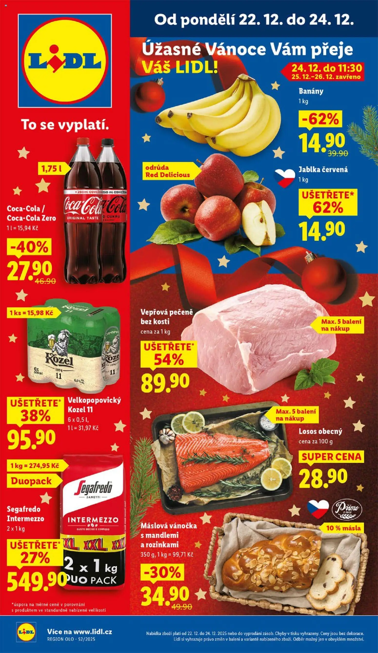 Lidl leták od 22.12.2025 | Strana: 1 | Produkty: Jablka, Velkopopovický Kozel, Vánočka, Intermezzo Segafredo