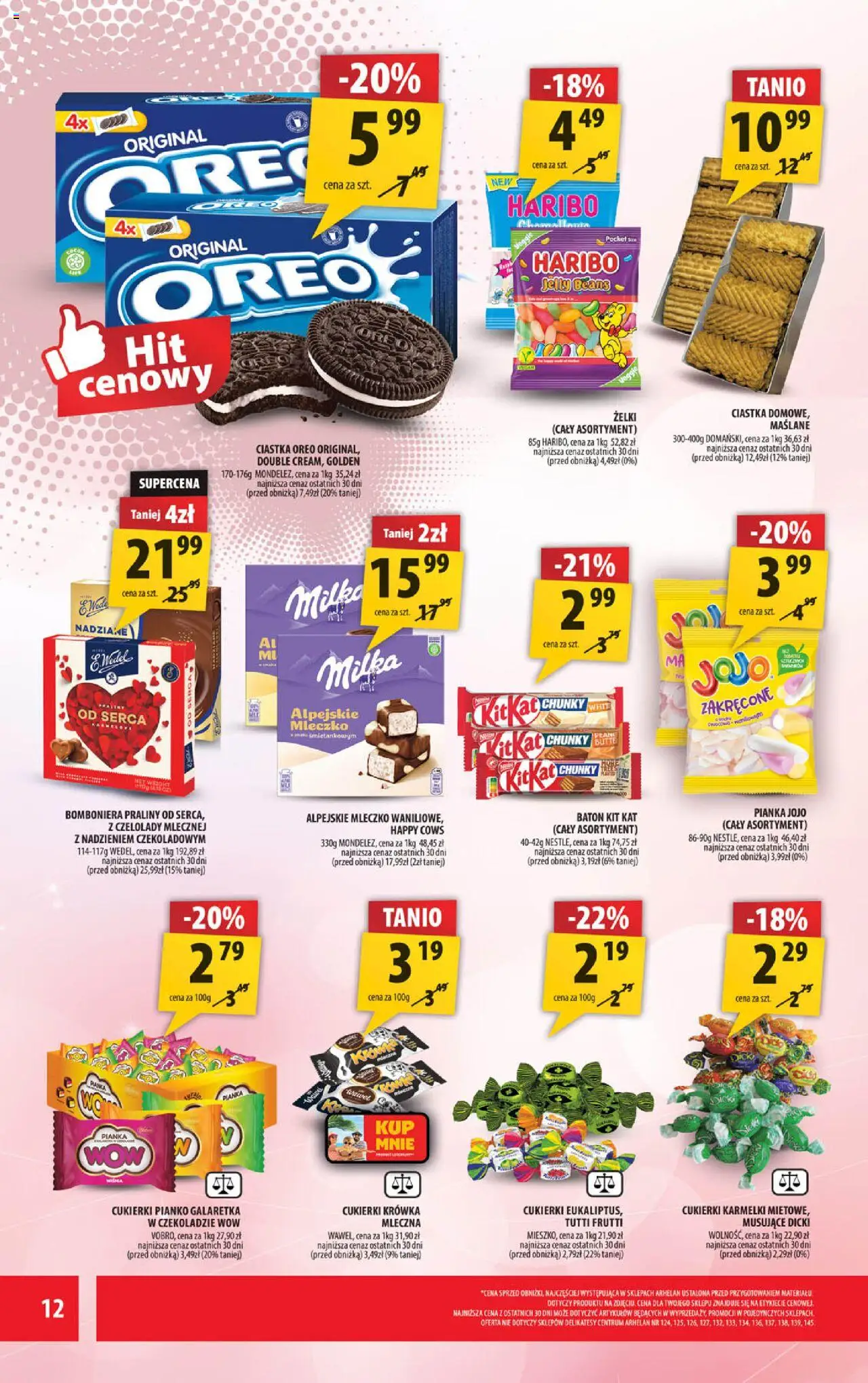 Arhelan Gazetka od 16.06.2025 | Strona: 12 | Produkty: Praliny, Ciastka Oreo, Cukierki, Ciastka