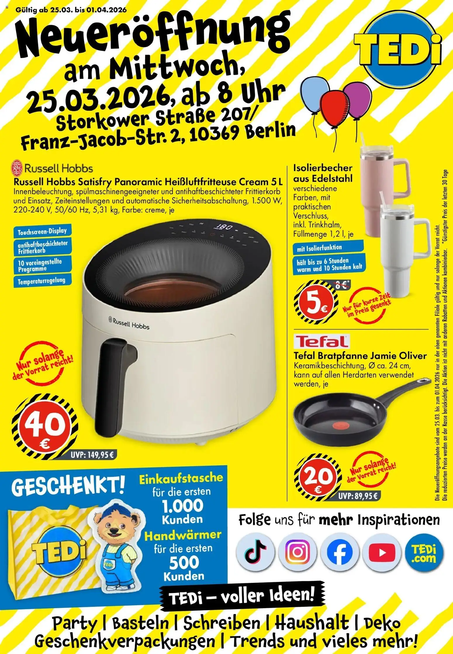 TEDi - TEDi Neueröffnung Berlin | Storkower Straße – gültig ab 25.03.2026 | Seite: 1 | Produkte: Heißluftfritteuse, Uhr