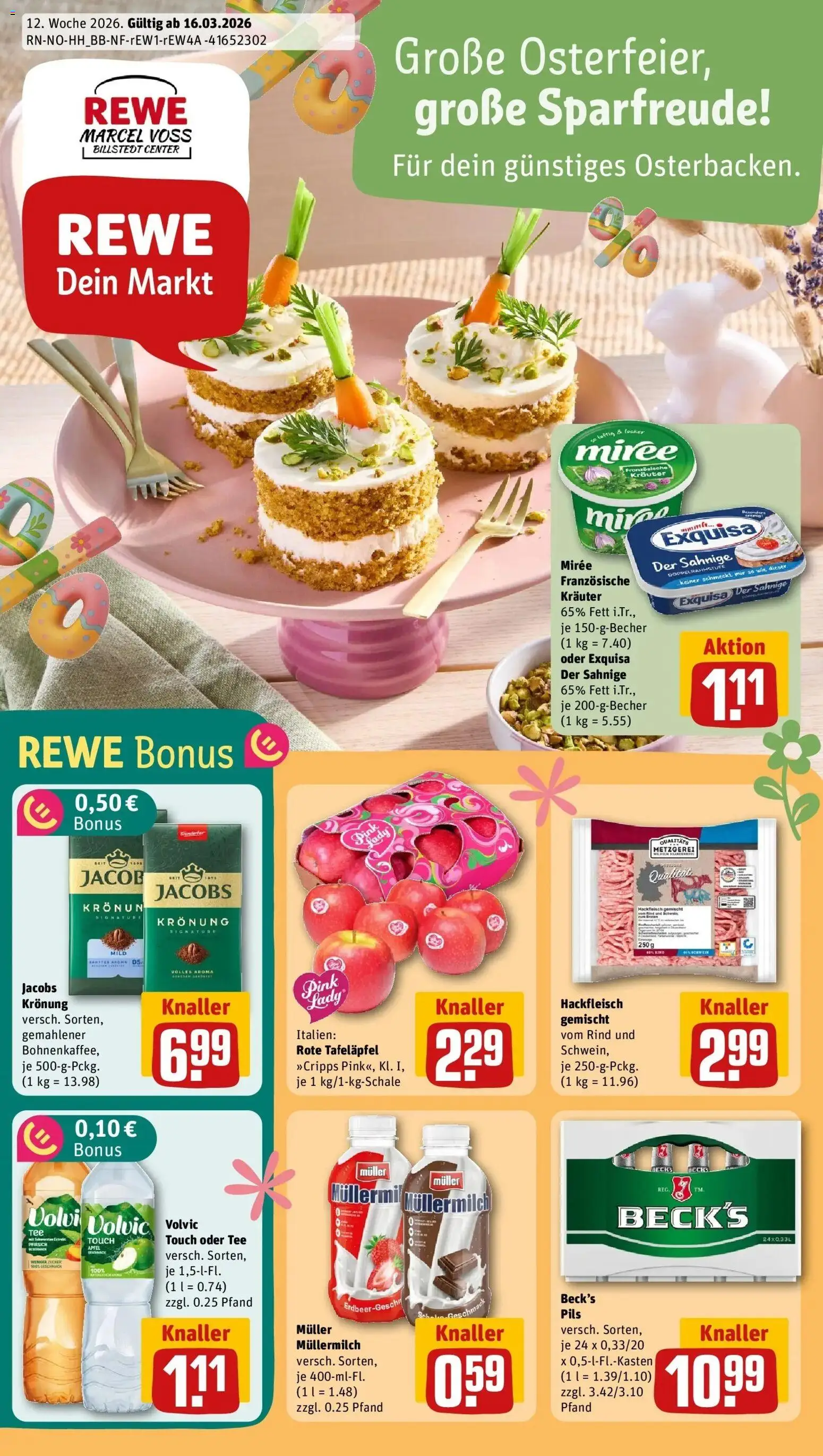 Rewe Prospekt Hamburg / Billstedt	 – gültig ab 15.03.2026 | Seite: 1 | Produkte: Exquisa, Pfirsich, Volvic, Hackfleisch
