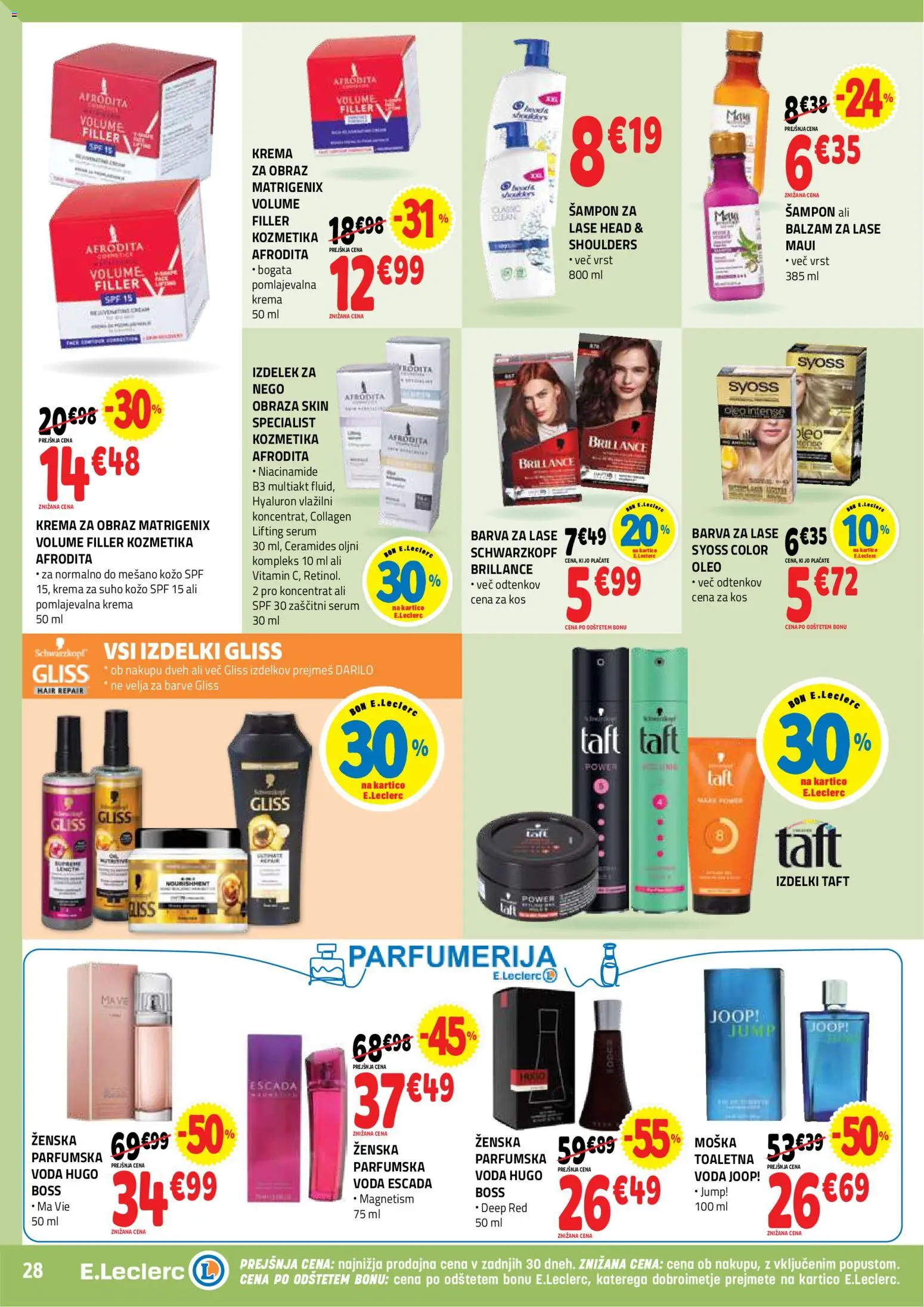 Novi E.leclerc katalog ponudbe – veljaven od 21.01.2026 | Stran: 28 | Izdelki: Kos, Sampon, Balzam za lase, Barva