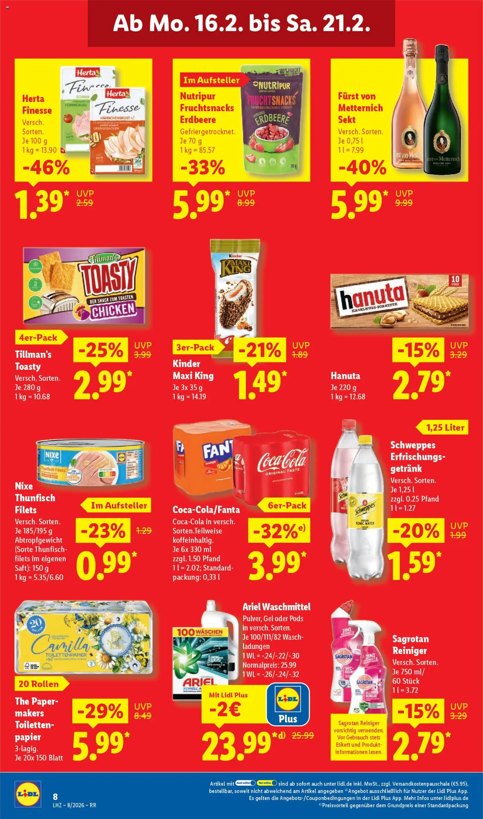 Lidl Prospekt Bestwig – gültig ab 16.02.2026 | Seite: 16 | Produkte: Ariel, Schweppes, Saft, Toilettenpapier