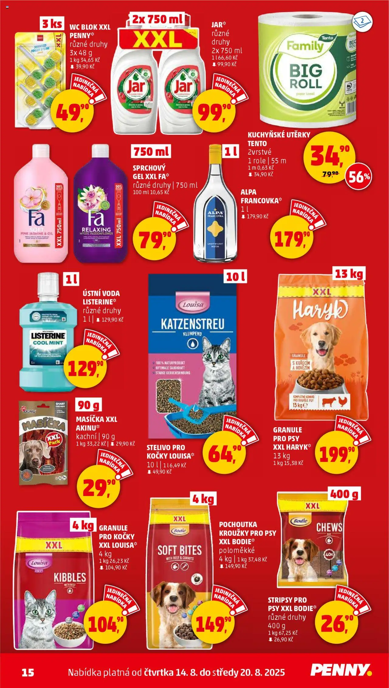 Penny Market leták - Čtvrtečník od 14.08.2025 | Strana: 15 | Produkty: Ústní voda, Kuchyňské utěrky, Granule, Blok