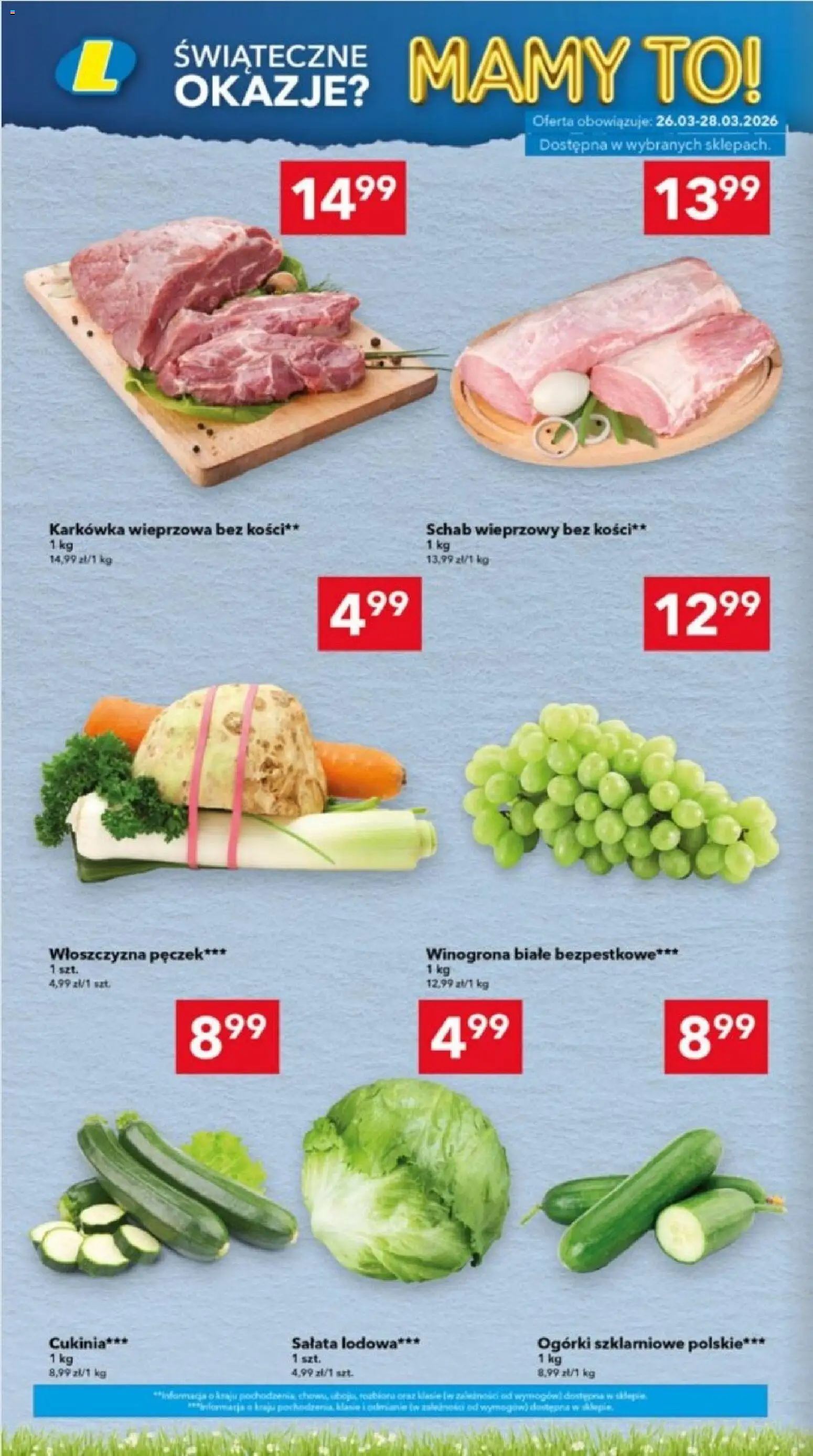 Lewiatan gazetka - Ostrów Wielkopolski od 26.03.2026 | Strona: 4 | Produkty: Karkówka, Schab wieprzowy bez kości, Cukinia, Ogórki
