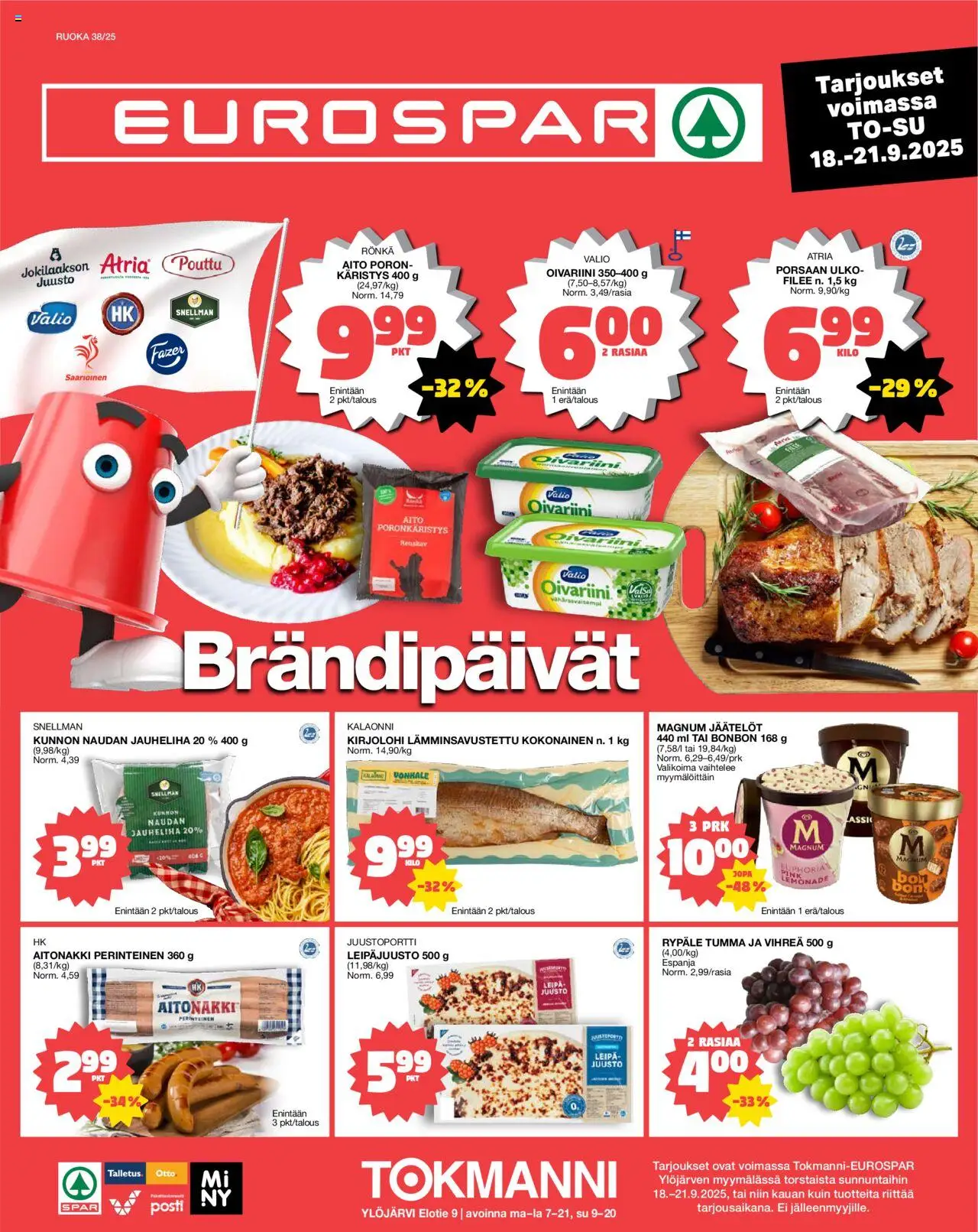 Tokmanni - EUROSPAR Ylöjärvi Ruokasanomat – voimassa 18.09.2025 alkaen | Sivu: 1 | Tuotteet: Kirjolohi, Kokonainen, Juusto, Leipä