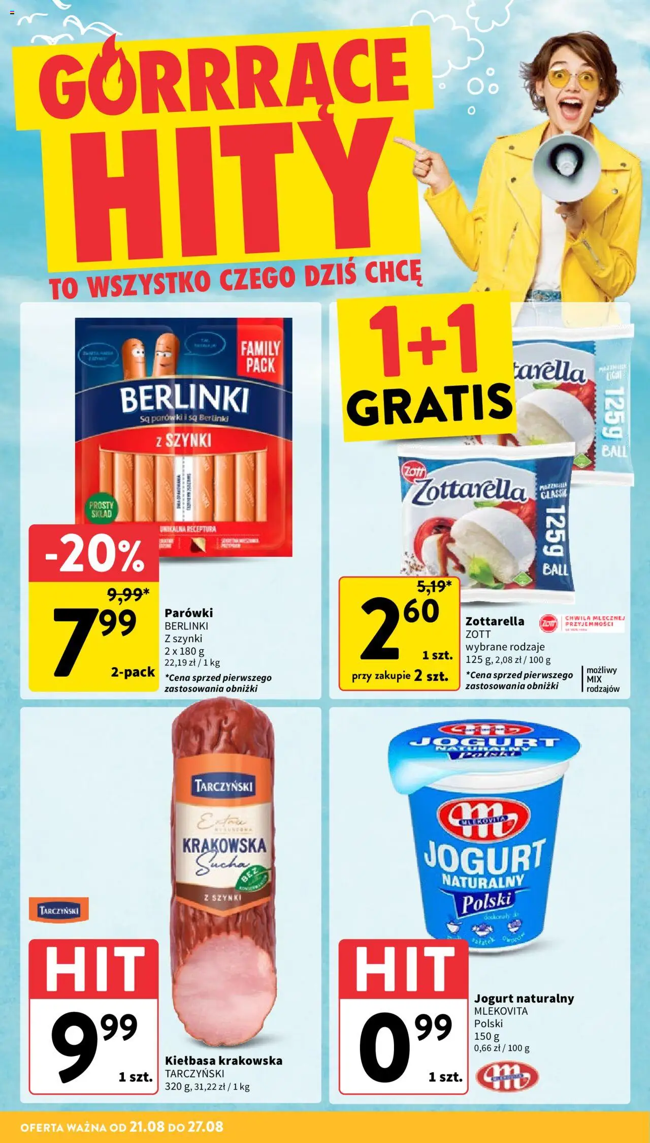 Intermarche Gazetka od 21.08.2025 | Strona: 4 | Produkty: Kiełbasa, Parówki berlinki, Jogurt naturalny, Jogurt