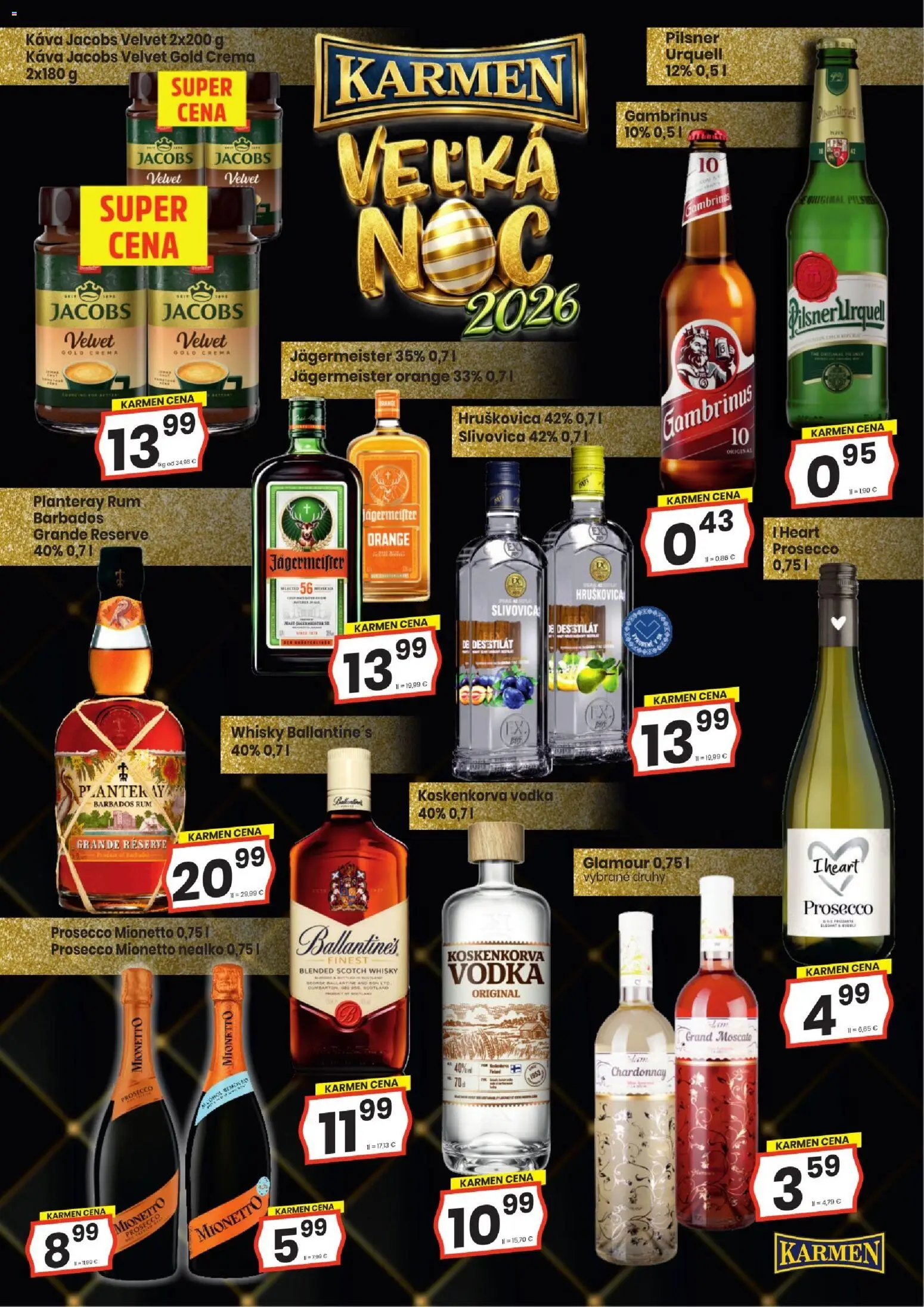 Nové KARMEN CBA akcie – leták je platný od 19.03.2026 | Strana: 2 | Produkty: Jägermeister, Slivovica, Gambrinus, Rum