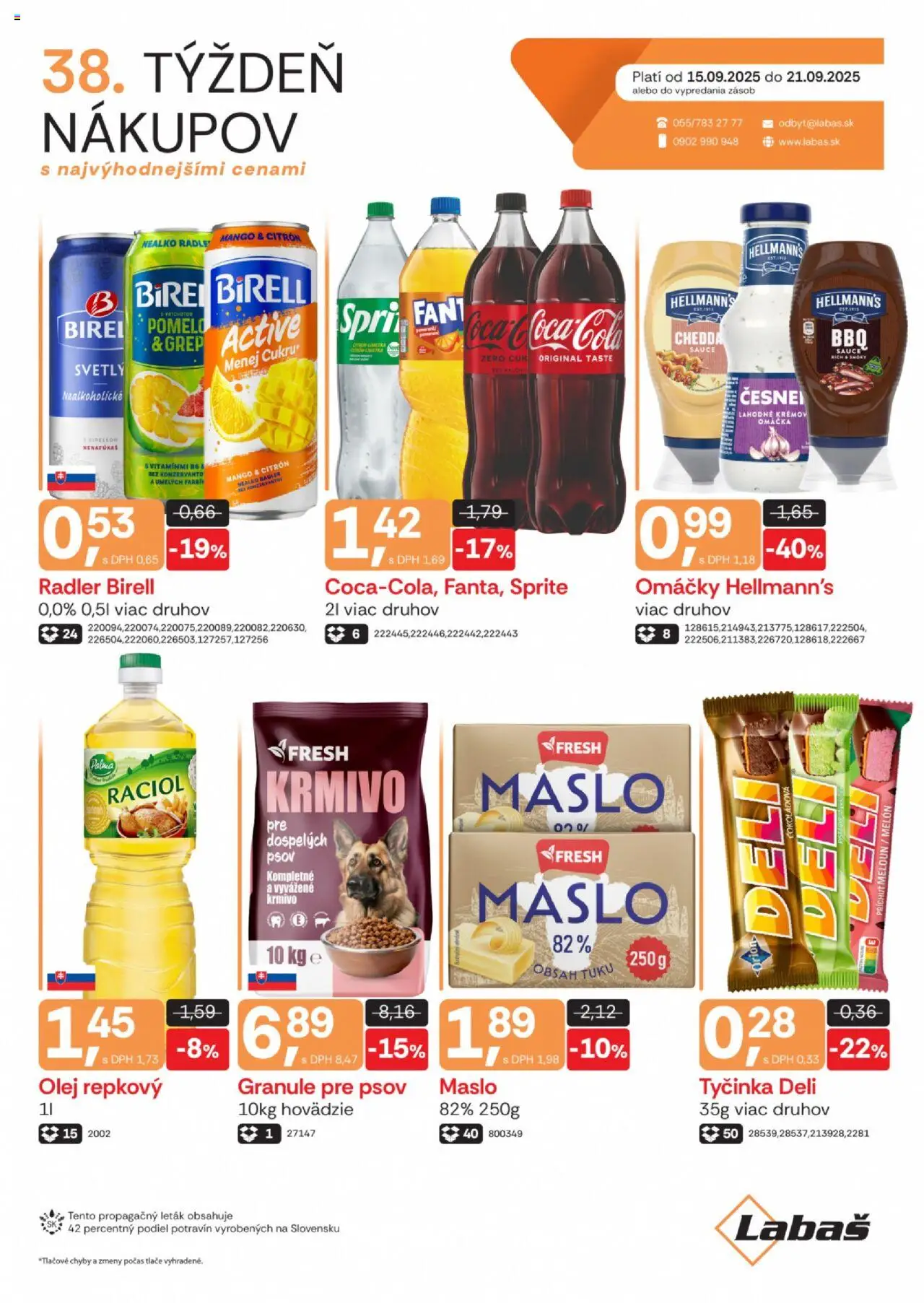 Nové Labaš akcie – leták je platný od 15.09.2025 | Strana: 1 | Produkty: Birell, Granule pre psov, Sprite, Omáčka