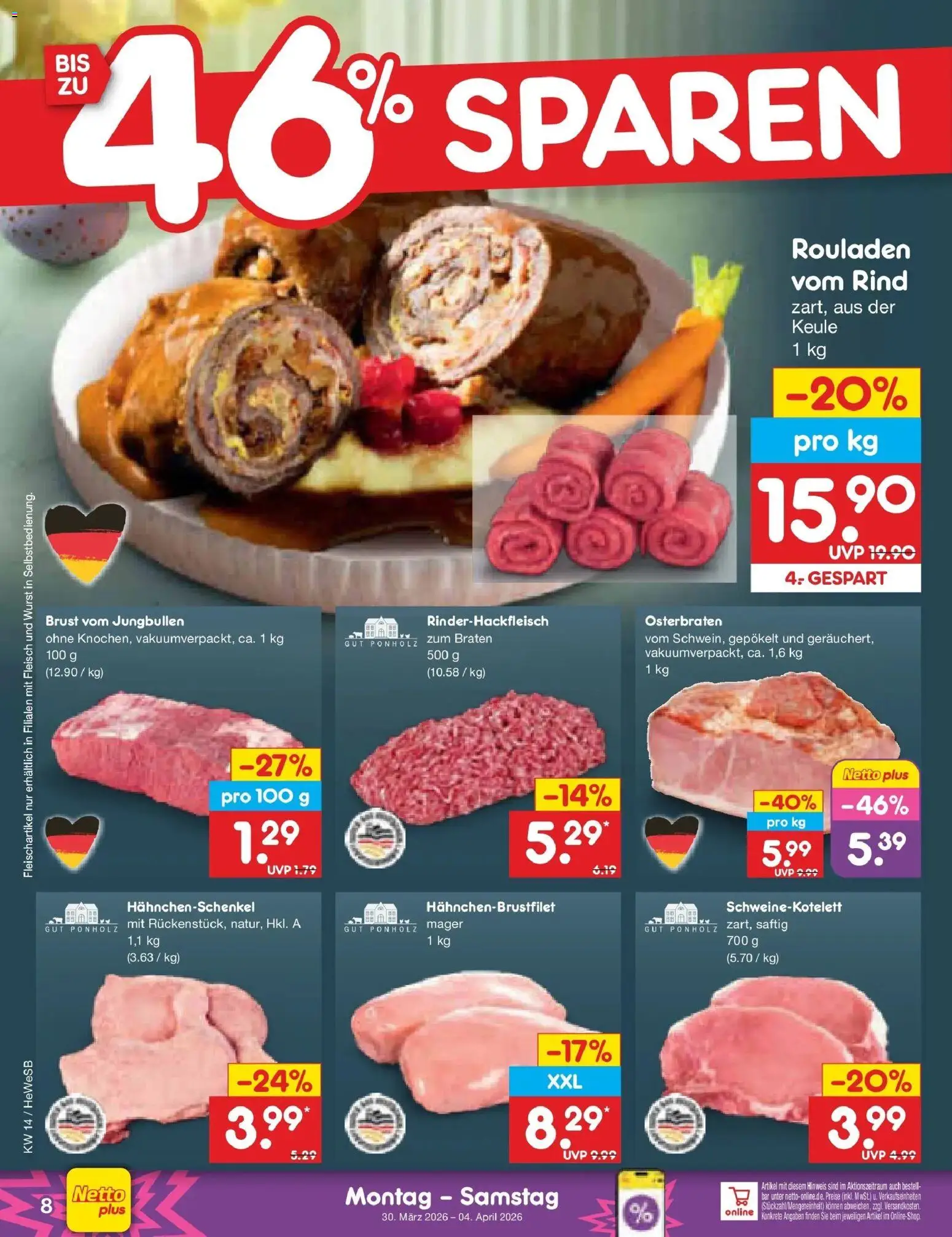 Netto Marken-Discount Prospekt Hamburg	 – gültig ab 30.03.2026 | Seite: 8 | Produkte: Hahnchenschenkel, Wurst, Fleisch