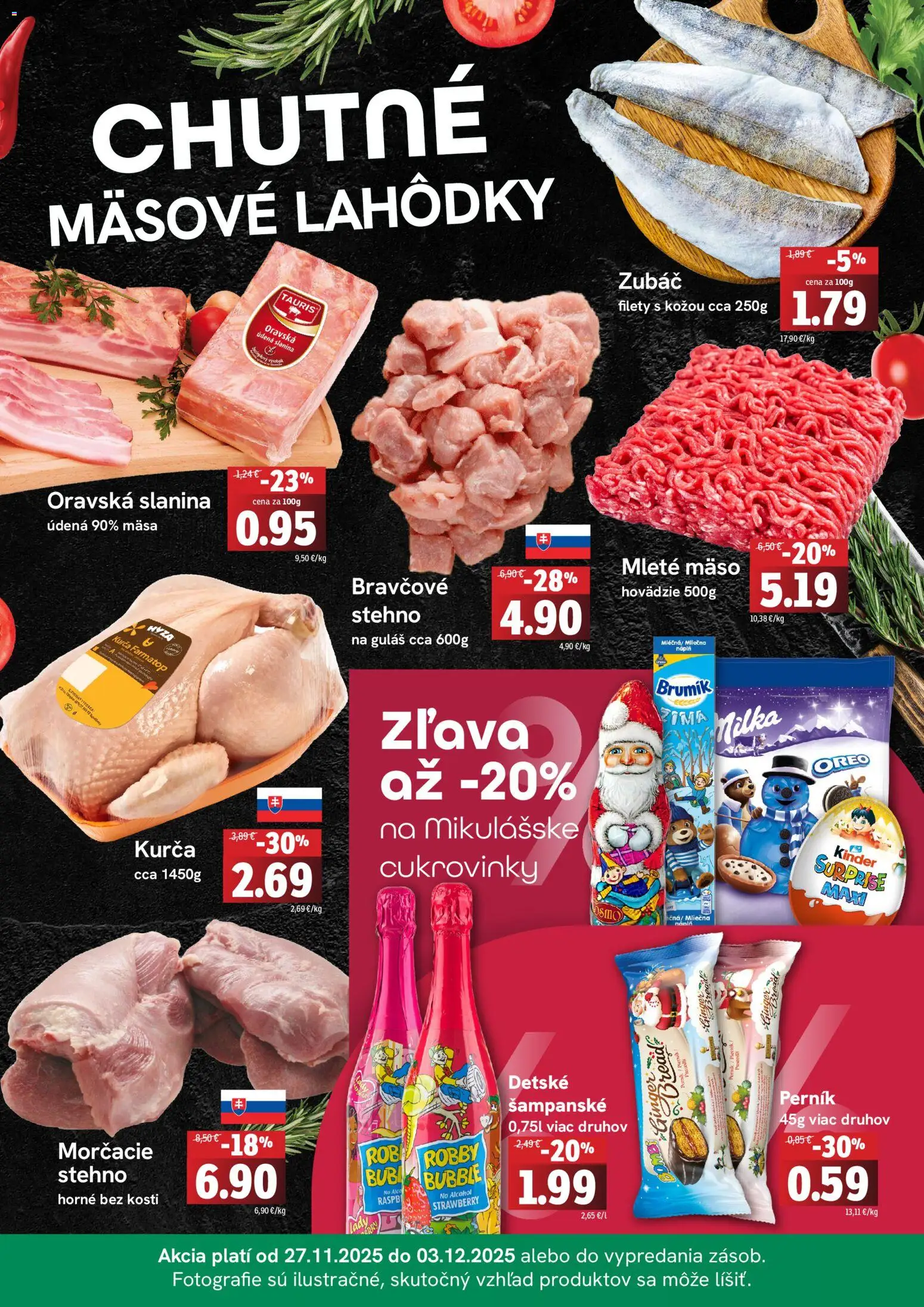 Nové Fresh akcie – leták je platný od 27.11.2025 | Strana: 2 | Produkty: Slanina, Kinder, Milka, Kurča