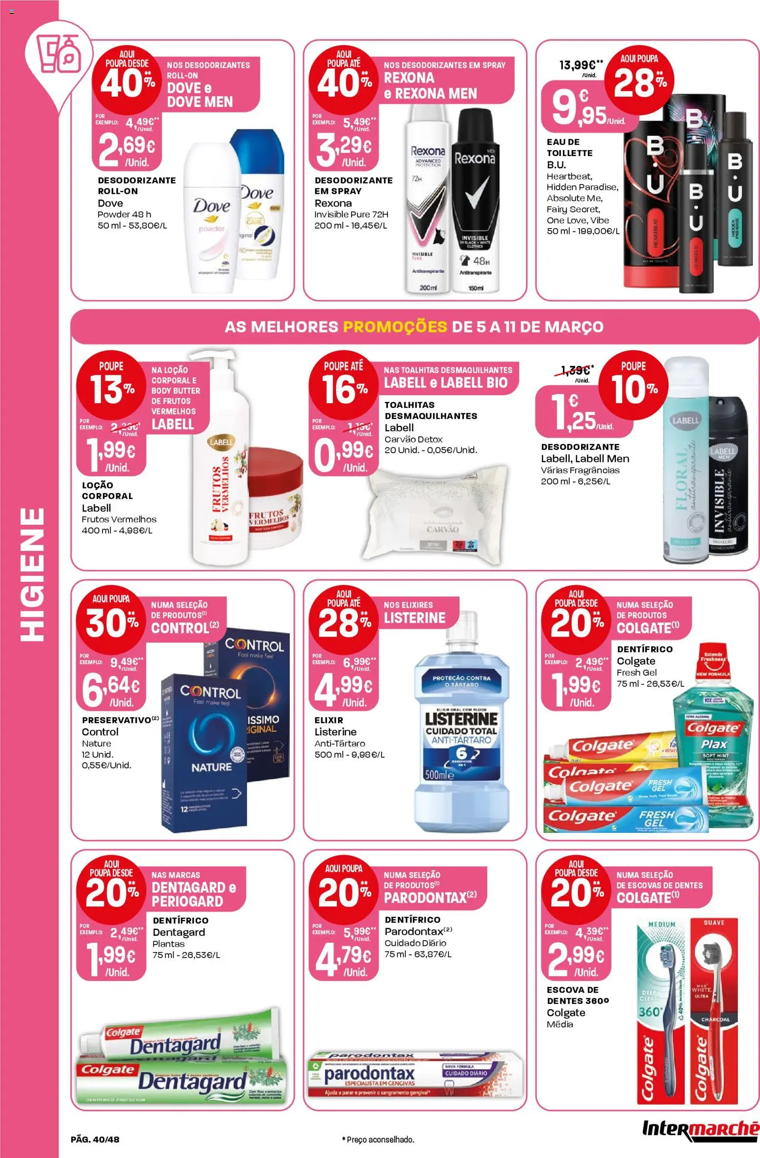 Intermarché folheto │ válido de 05.03.2026 | Página: 40 | Produtos: Desodorizante, Antitranspirante, Escova de dentes