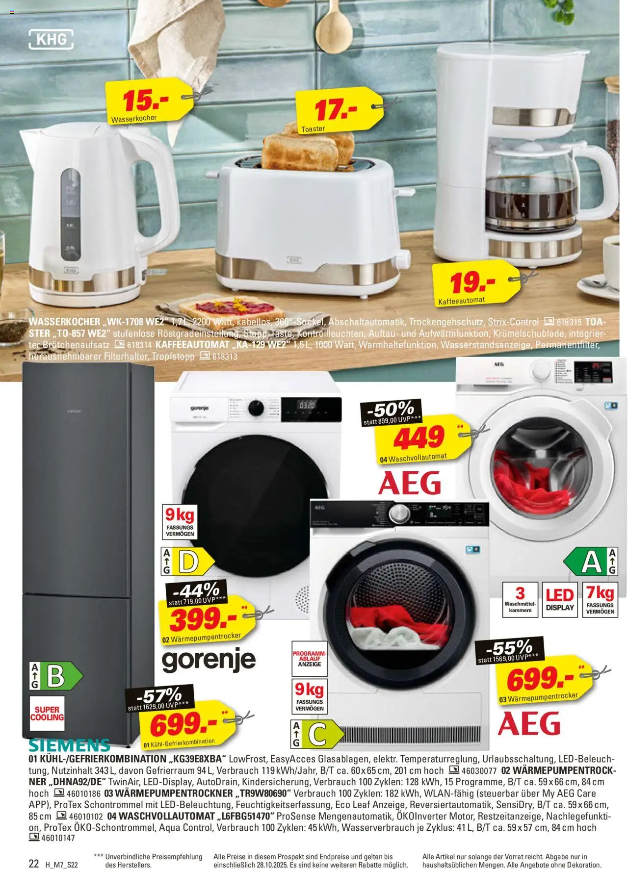Höffner Prospekt 	 – gültig ab 15.10.2025 | Seite: 22 | Produkte: AEG, Wasserkocher, Toaster, Kühlgefrierkombination