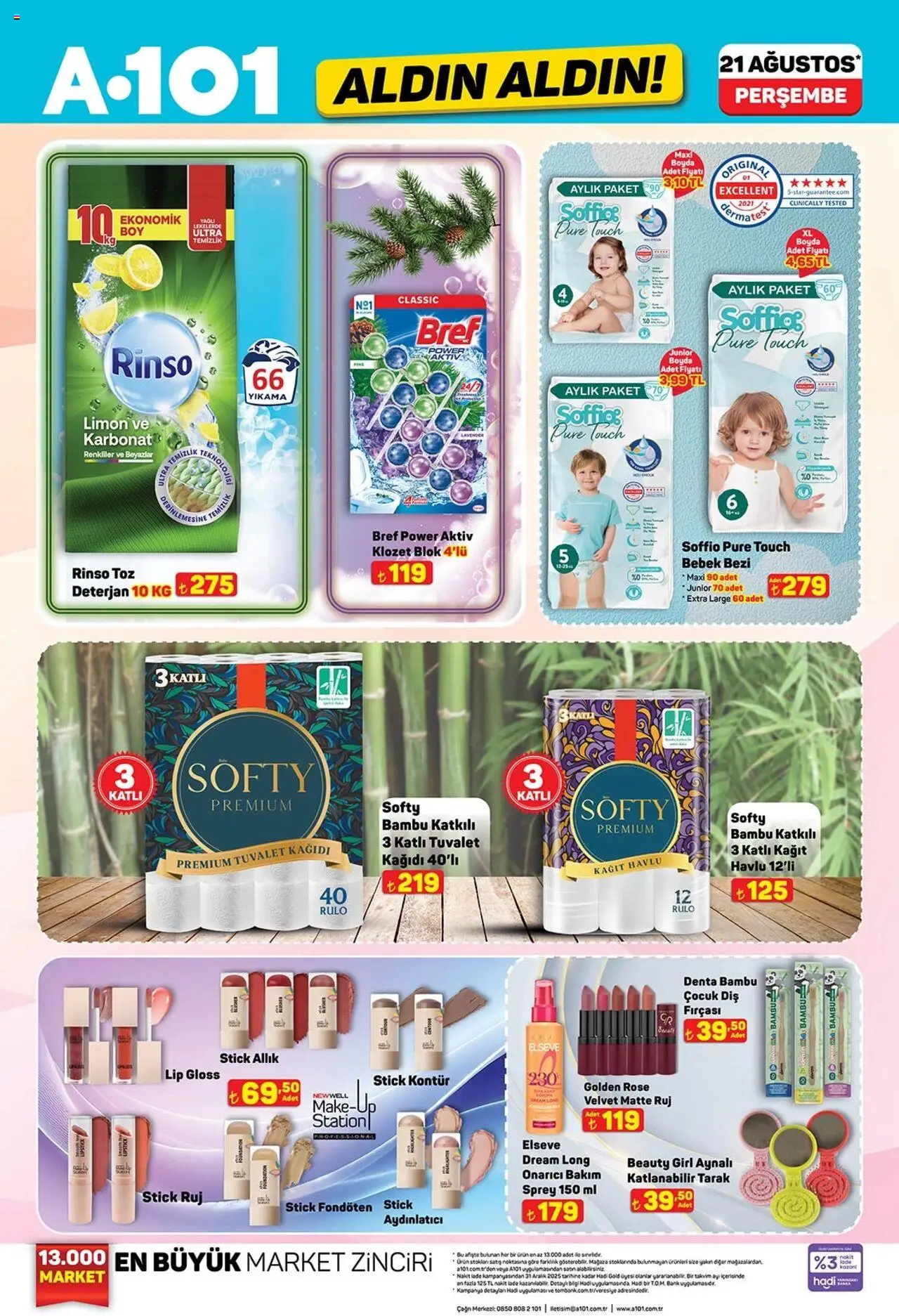 A101 Katalog Aldın Aldın - 21.08.2025 tarihinden itibaren geçerlidir | Sayfa: 4 | Ürünler: Diş fırçası, Deterjan, Allık, Tuvalet kağıdı