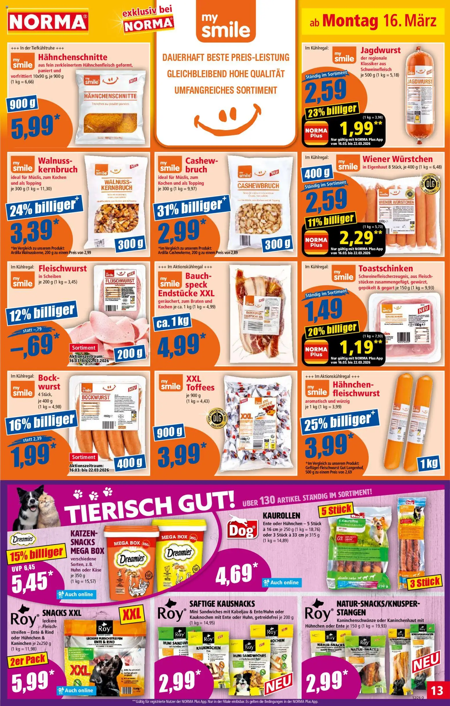 Norma Prospekt 	 – gültig ab 16.03.2026 | Seite: 13 | Produkte: Hahnchen, Toastschinken, Wurst, Fleisch