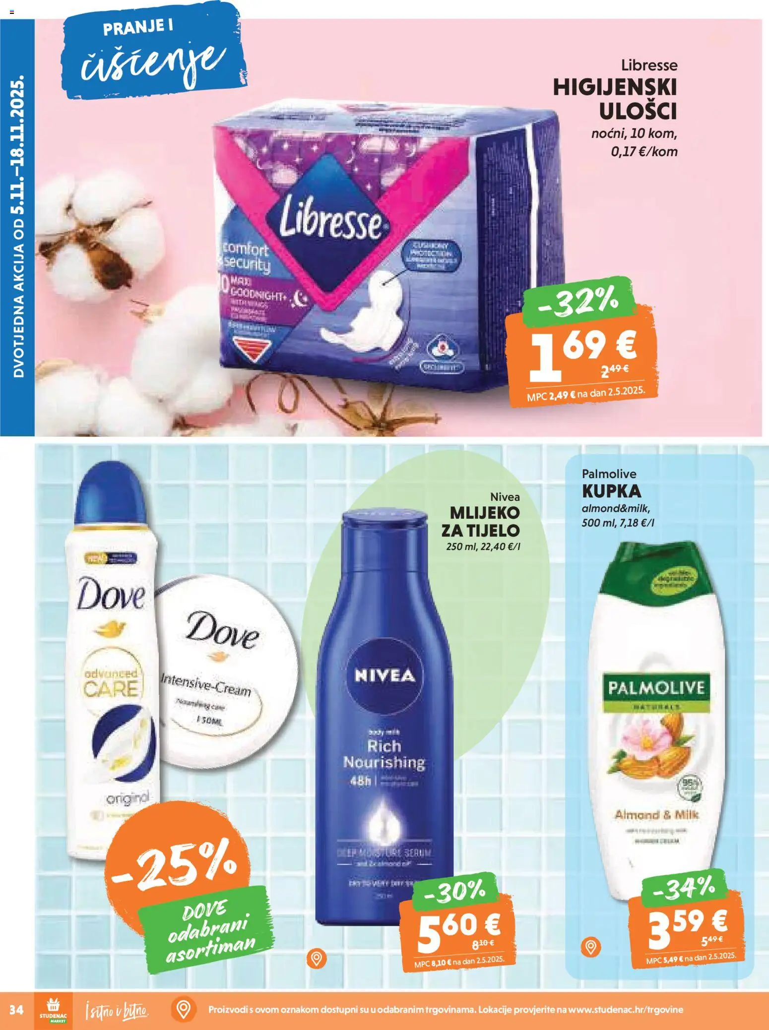 Studenac katalog | vrijedi od 12.11.2025 | Stranica: 34 | Proizvodi: Kupka, Higijenski ulošci, Dove, Libresse