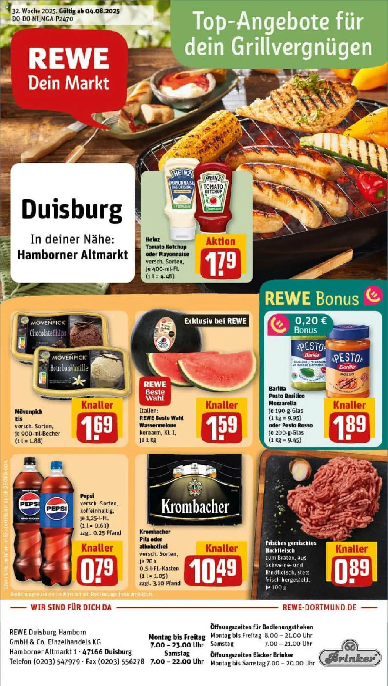Rewe prospekt Duisburg	 - gültig ab dem 03.08.2025 | Seite: 1 | Produkte: Barilla pesto, Pils, Movenpick eis, Wassermelone