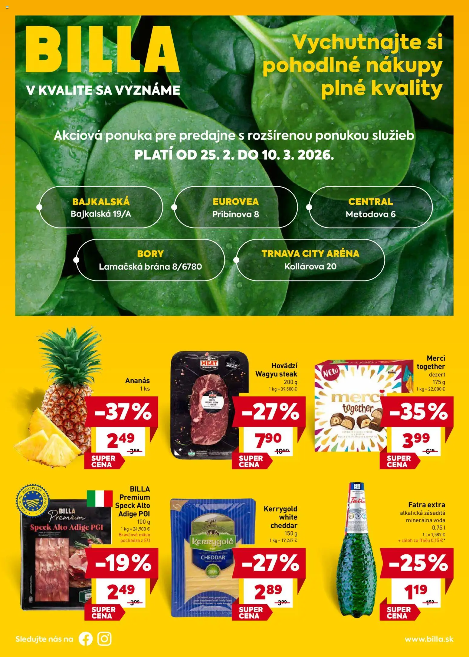 Nové Billa akcie – leták je platný od 25.02.2026 | Strana: 1 | Produkty: Merci, Voda, Fatra, Minerálna voda