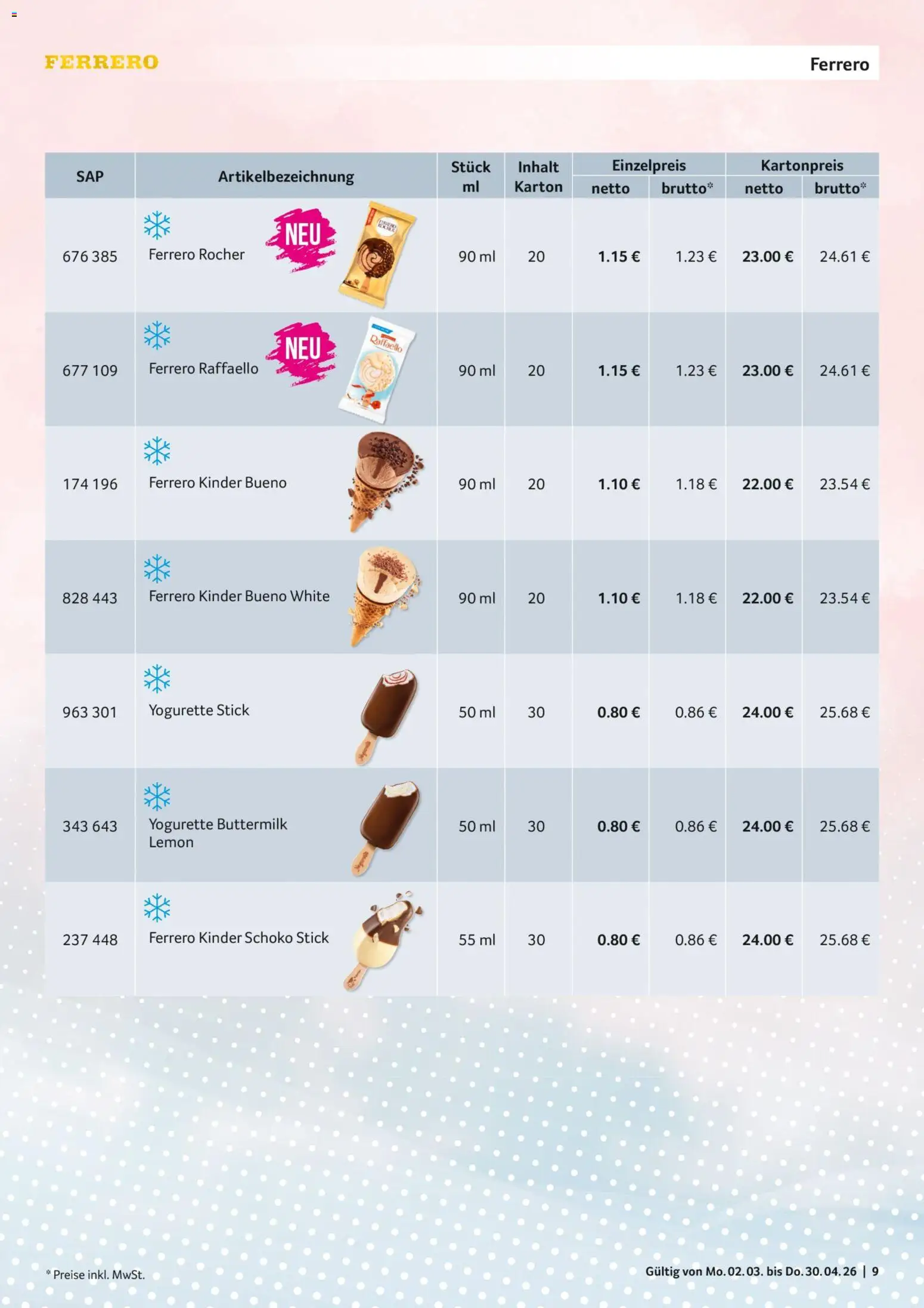 Selgros Sortiments-Katalog Impulseis – gültig ab 02.03.2026 | Seite: 9 | Produkte: Raffaello, Ferrero rocher, Yogurette, Kinder bueno