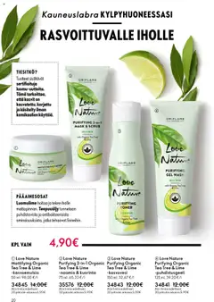 Love Nature Purifying 2-in-1 Organic Tea Tree & Lime -naamio & kuorinta, Purifying 2-in-1 mask & scrub with organic tea tree and lime for oily skin. 75 ml. – voimassa 14.09.2025 alkaen | Sivu: 20 | Tuotteet: Naamio, Kuorinta