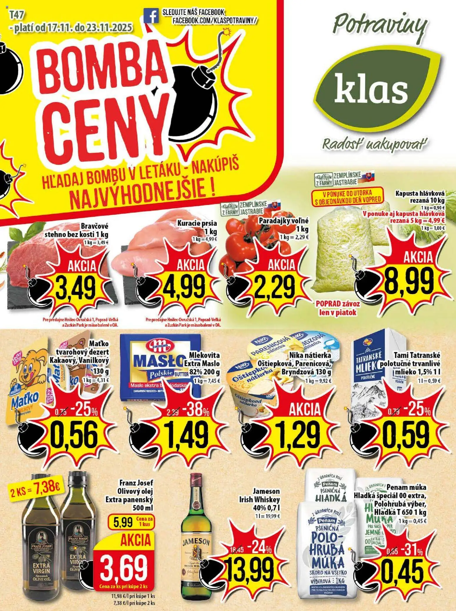 Nové Klas akcie – leták je platný od 17.11.2025 | Strana: 1 | Produkty: Kapusta, Jameson, Kuracie prsia, Múka