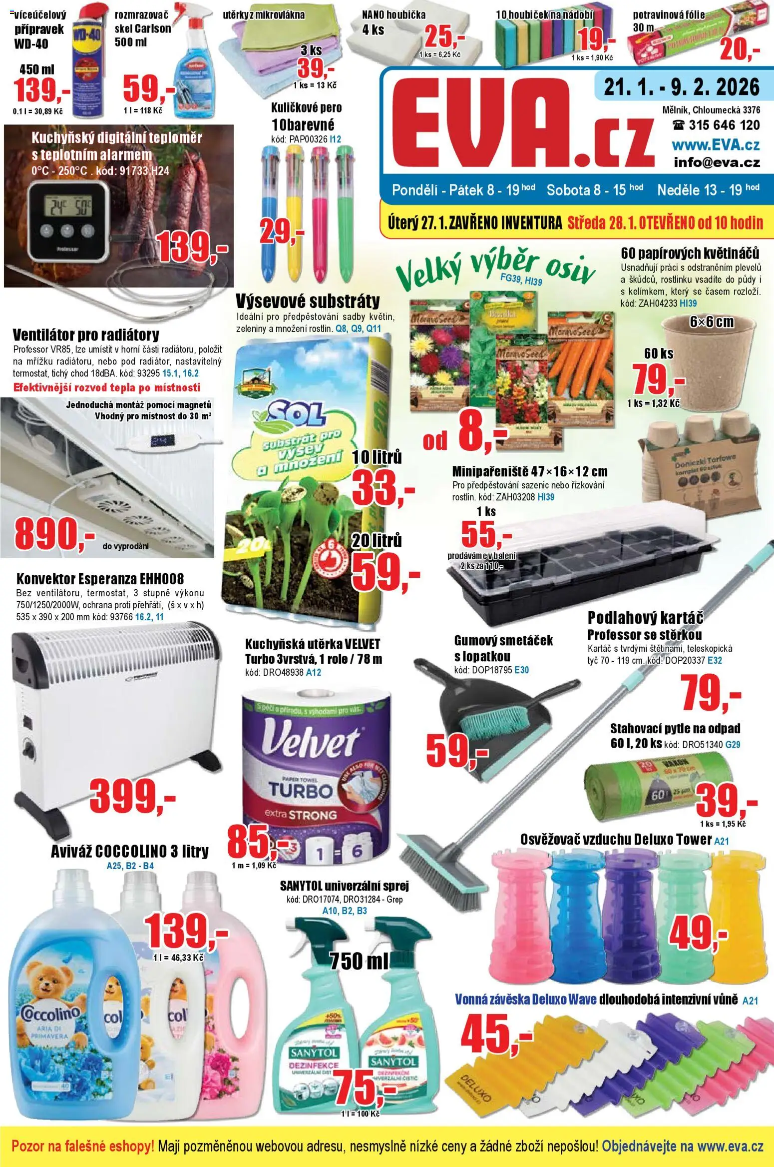 Eva supermarket leták od 21.01.2026 | Strana: 1 | Produkty: Utěrky, Grep, Ventilátor, Velvet