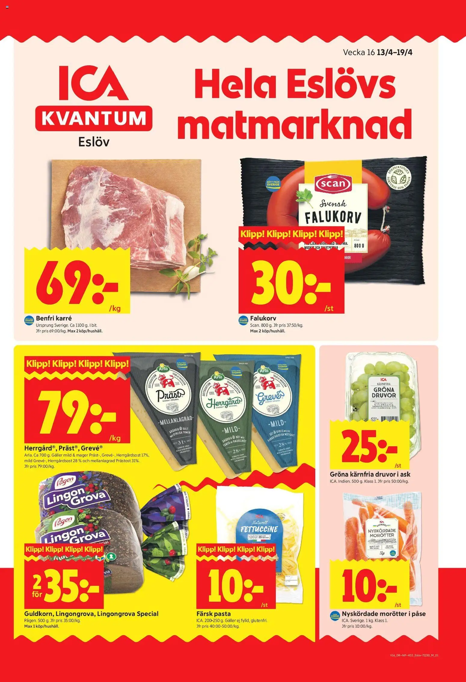ICA Kvantum reklamblad aktuell från 13.04.2026 | Sida: 1 | Produkter: Salt, Lingongrova, Falukorv, Pasta