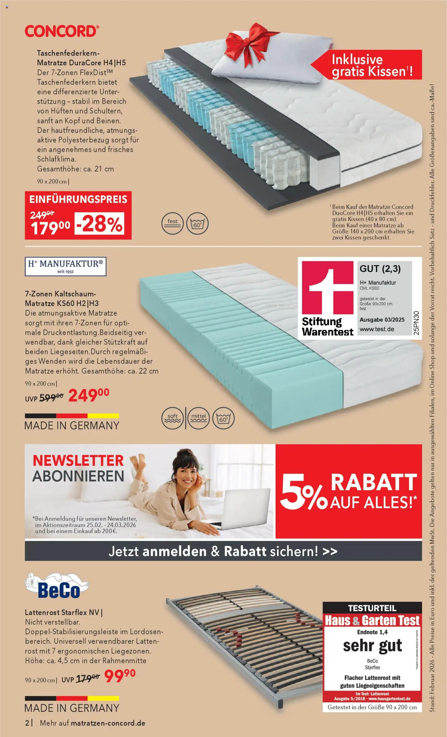 Matratzen Concord Prospekt – gültig ab 25.02.2026 | Seite: 2 | Produkte: Matratze, Kissen, Lattenrost