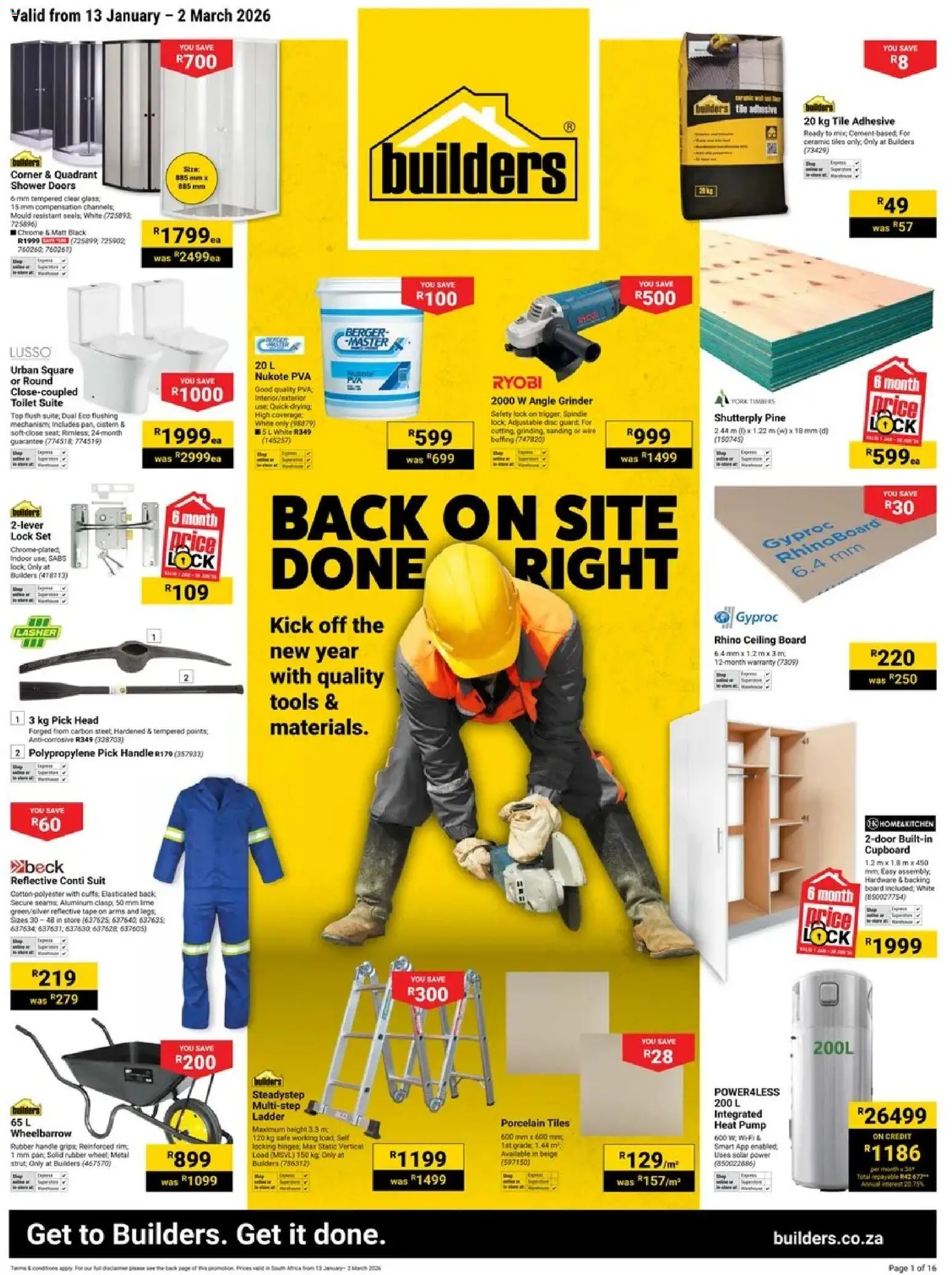 New Builders catalogue – valid from 13.01.2026 | Page: 1 | Products: Suit, Grinder, Adhesive, Tape