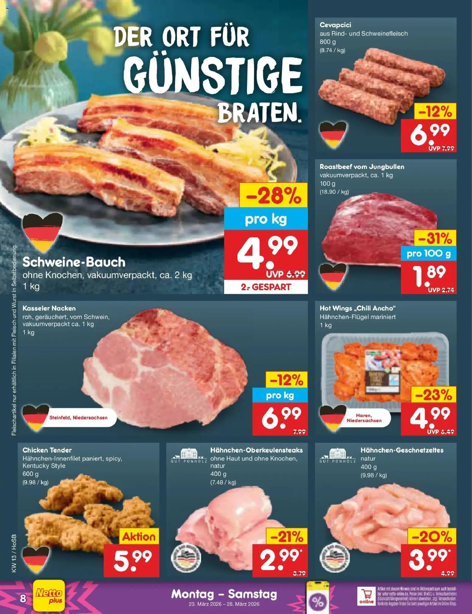 Netto Marken-Discount Prospekt Hannover	 – gültig ab 23.03.2026 | Seite: 8 | Produkte: Schweinebauch, Kasseler nacken, Wurst, Schweinefleisch