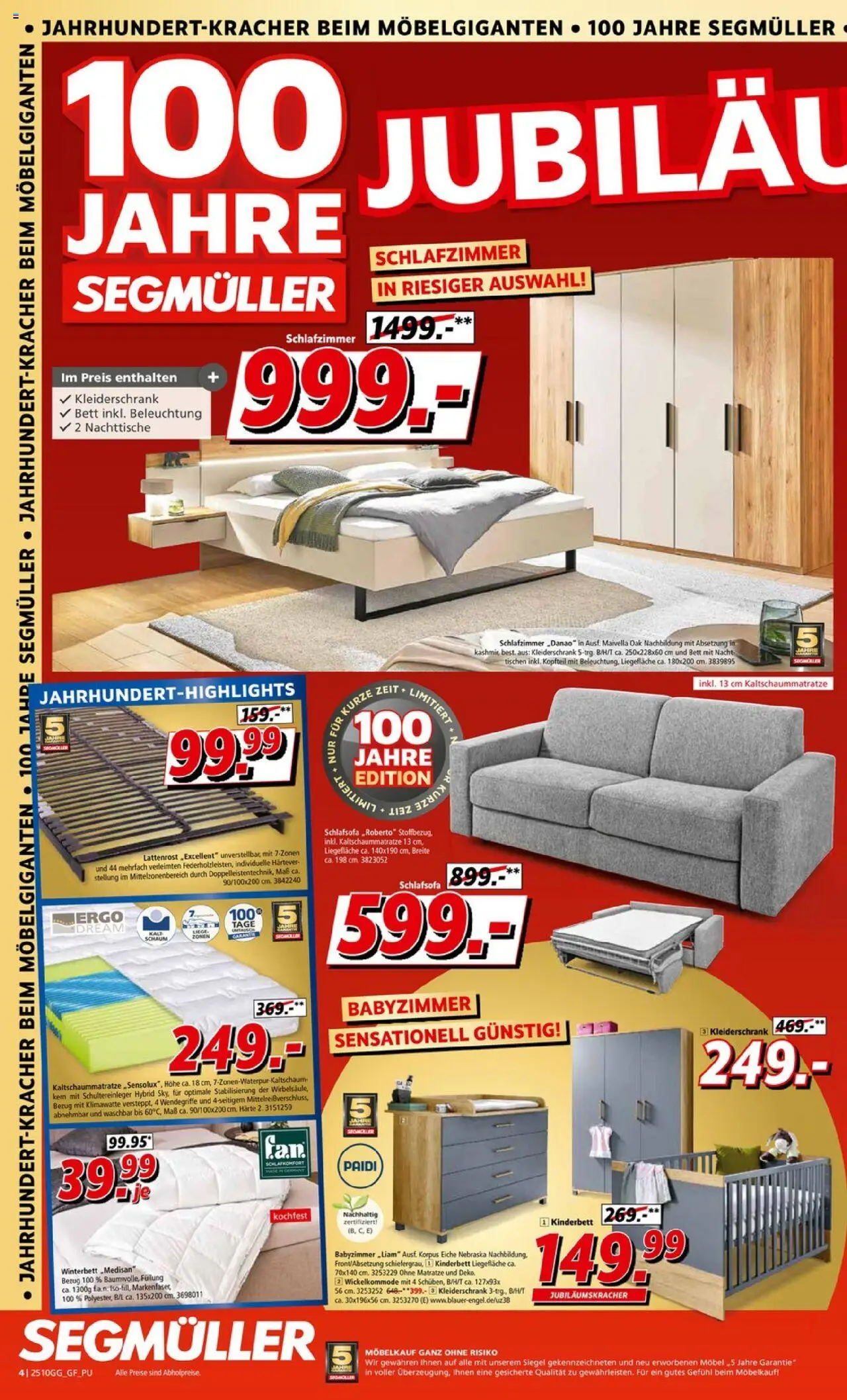 Segmüller Jahrhundert Kracher – gültig ab 20.09.2025 | Seite: 4 | Produkte: Schlafsofa, Bett, Matratze, Kleiderschrank
