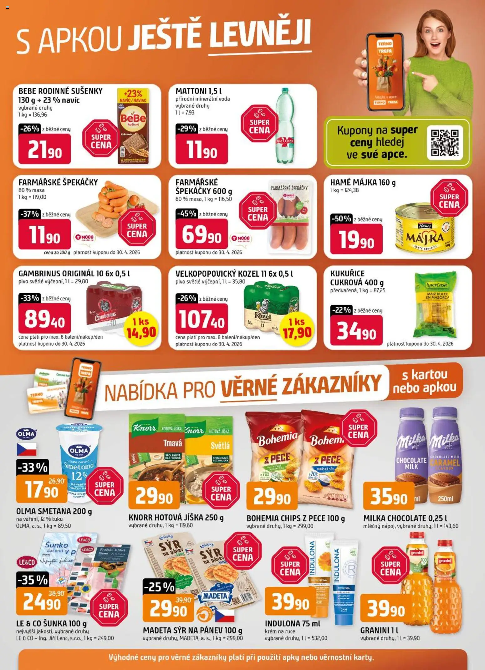 Trefa leták - Nabídka pro věrné zákazníky od 22.04.2026 | Strana: 1 | Produkty: Jíška, Šunka, Velkopopovický Kozel 11, Sušenky