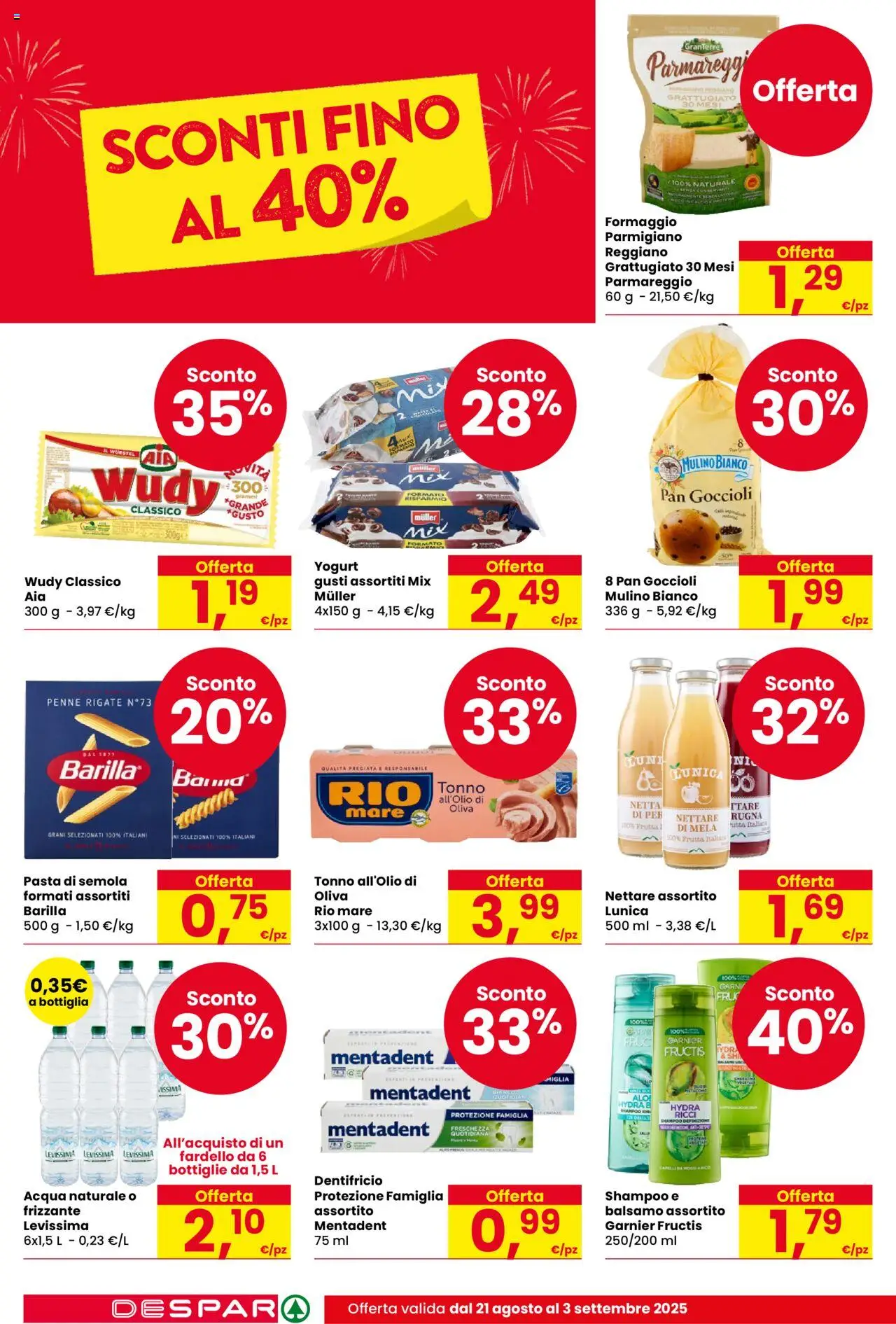 Volantino Eurospar del 21.08.2025 | Pagina: 2 | Prodotti: Balsamo, Pasta, Acqua naturale, Parmigiano