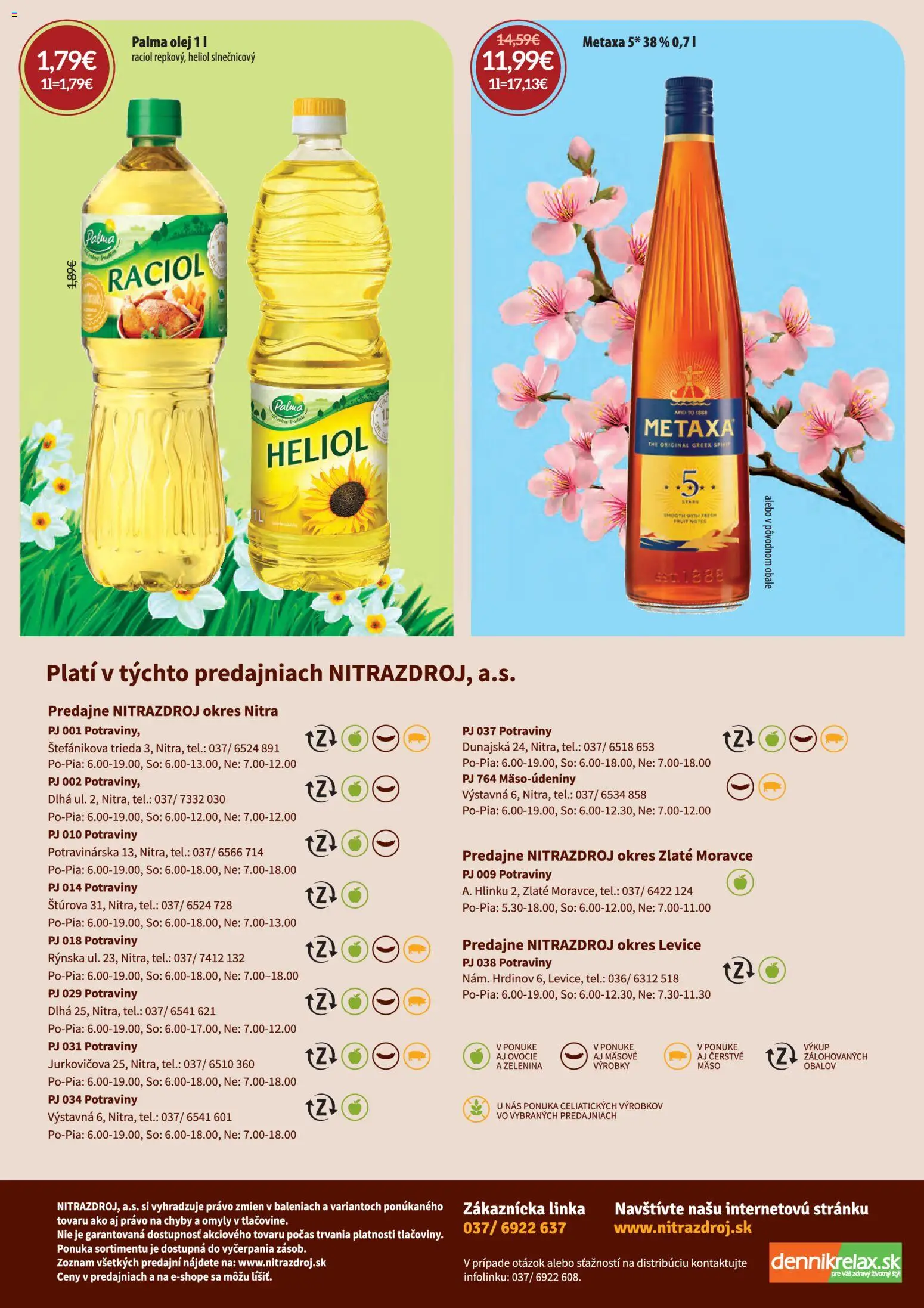 Nové Nitrazdroj akcie – leták je platný od 01.04.2026 | Strana: 24 | Produkty: Olej, Metaxa, Ovocie