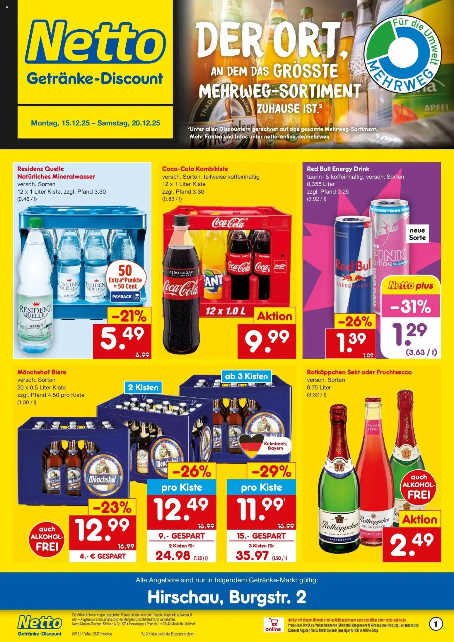 Netto Marken-Discount prospekt Hirschau	 – gültig ab 15.12.2025 | Seite: 1 | Produkte: Rotkappchen sekt, Coca cola, Cola, Äpfel